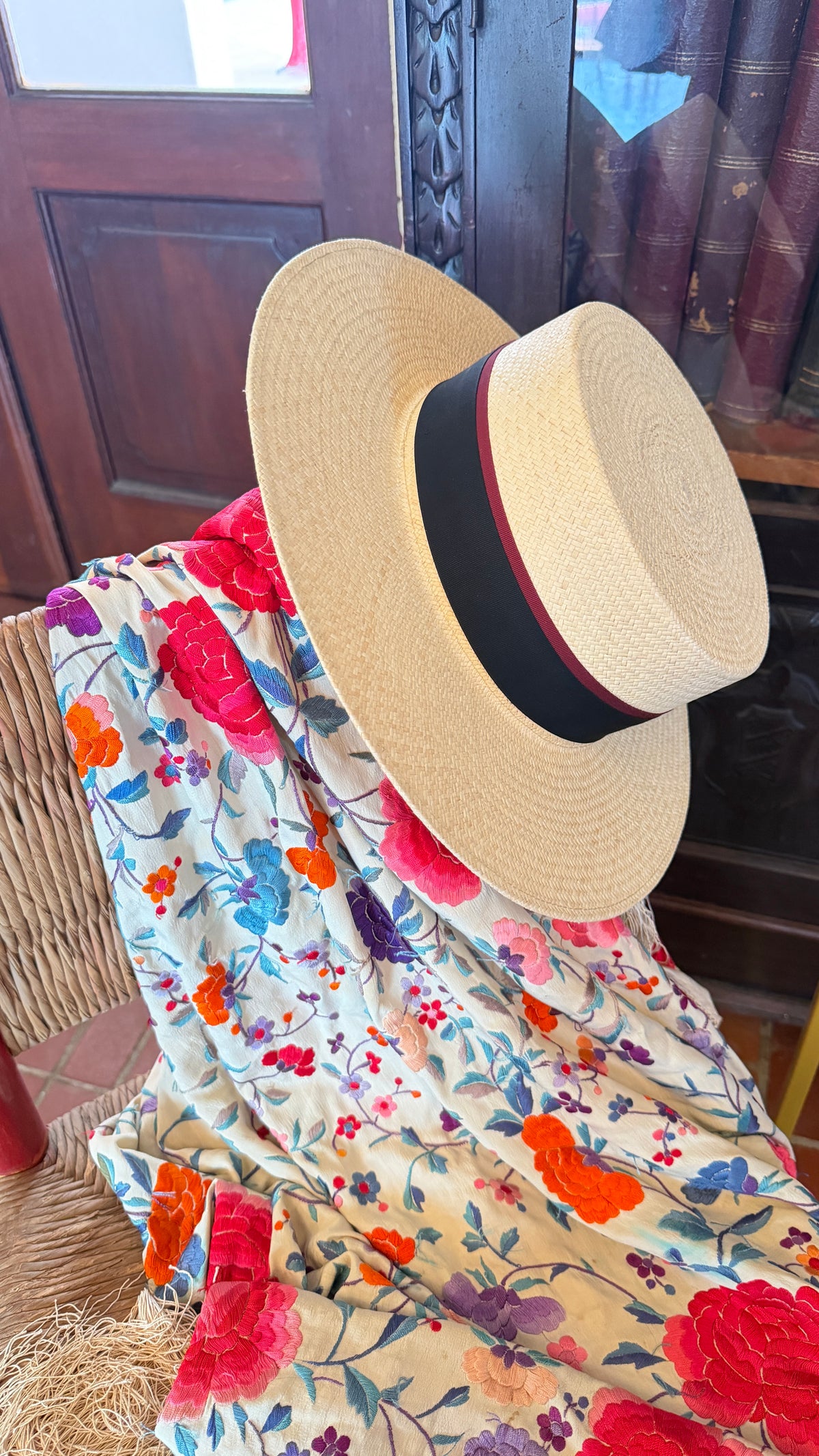 "Fernández y Roche" Panama Bolero "Vico" Hat with Black and Wine Ribbon Hatband