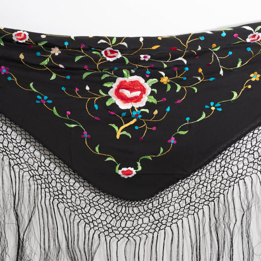 Black and multicolored silk floral embroidered by hand mantoncillo shawl.