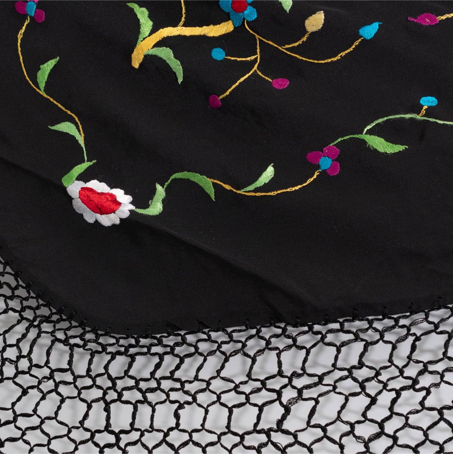 Black and multicolored silk floral embroidered by hand mantoncillo shawl.