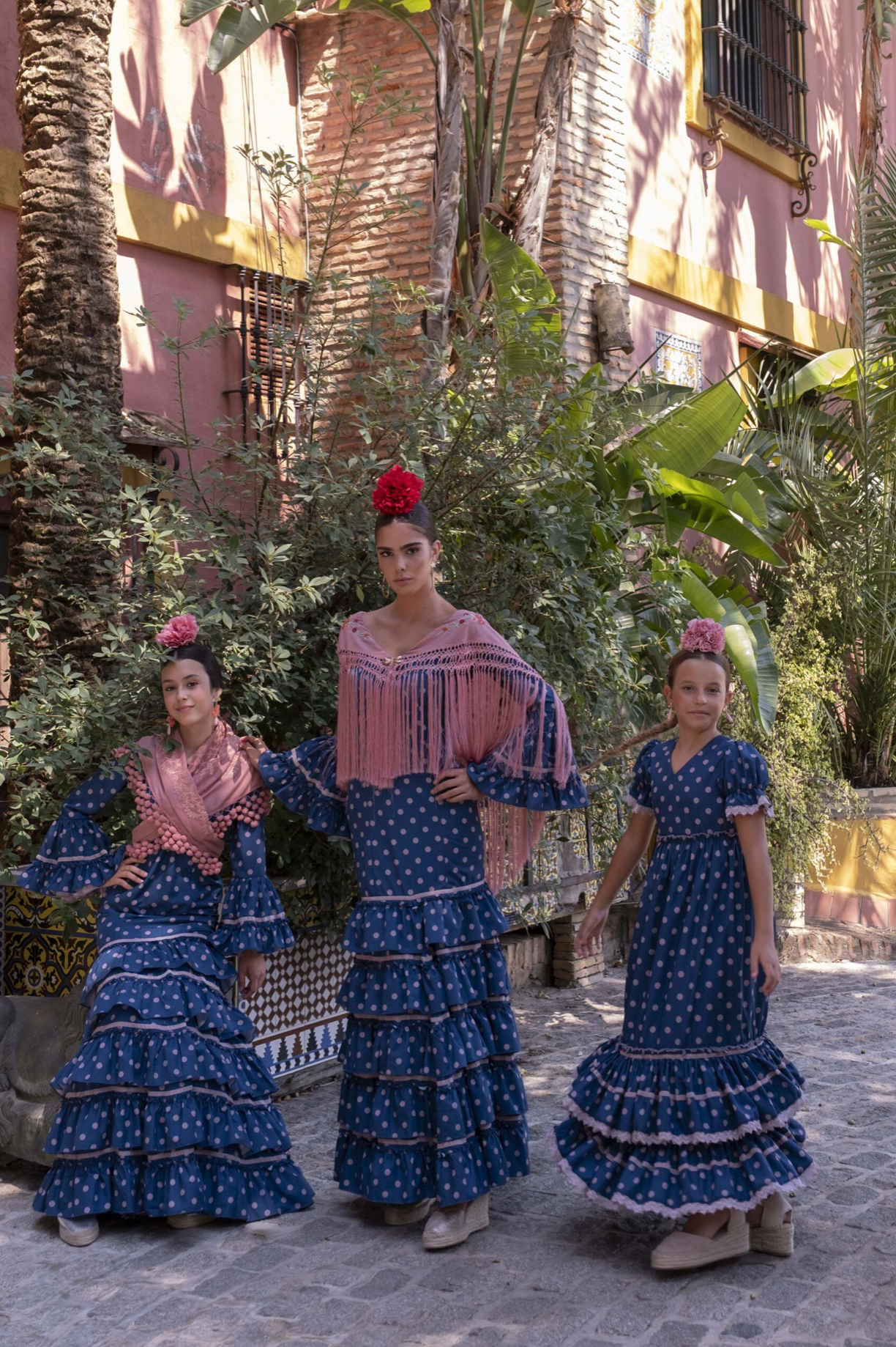 Volantes al Viento Dress Blue Flamenco Dress with Soft pink Polka Dots and details