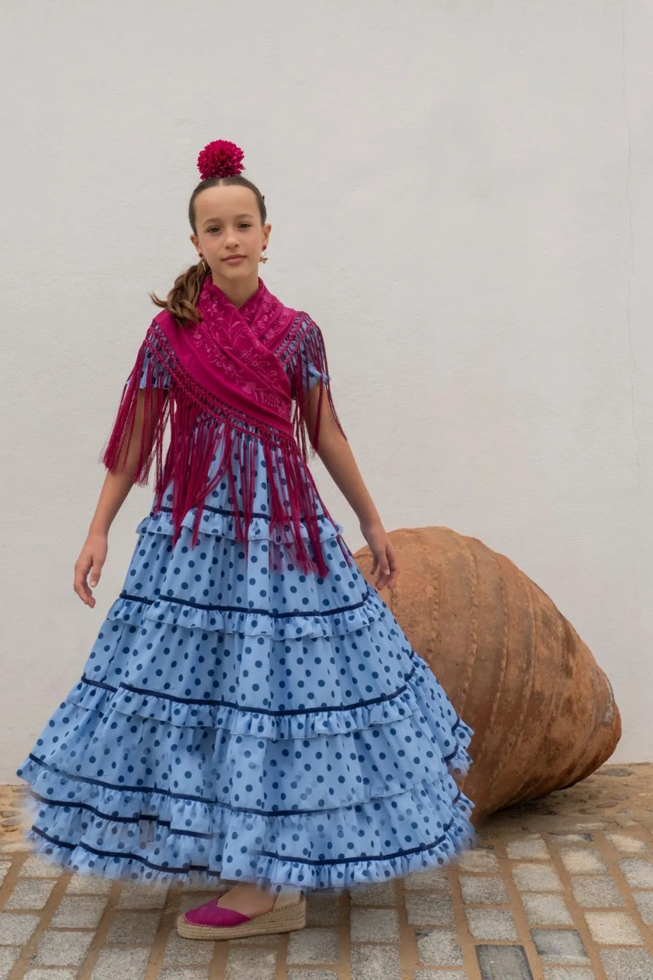Candela Dress - Light Blue Flamenco Dress for Girls with Navy Polka Dots