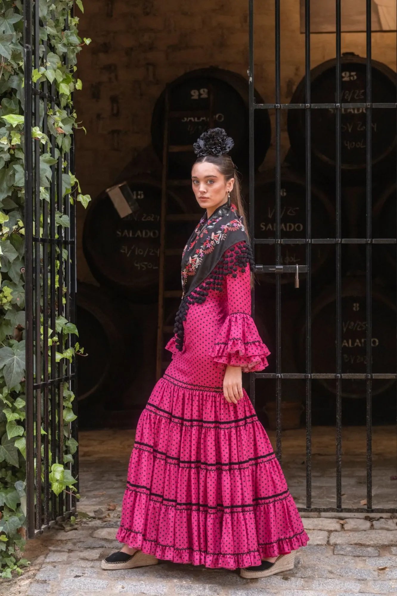 Jacaranda Dress – Fuchsia Flamenco Dress with Black Polka Dots & Tiered Ruffles