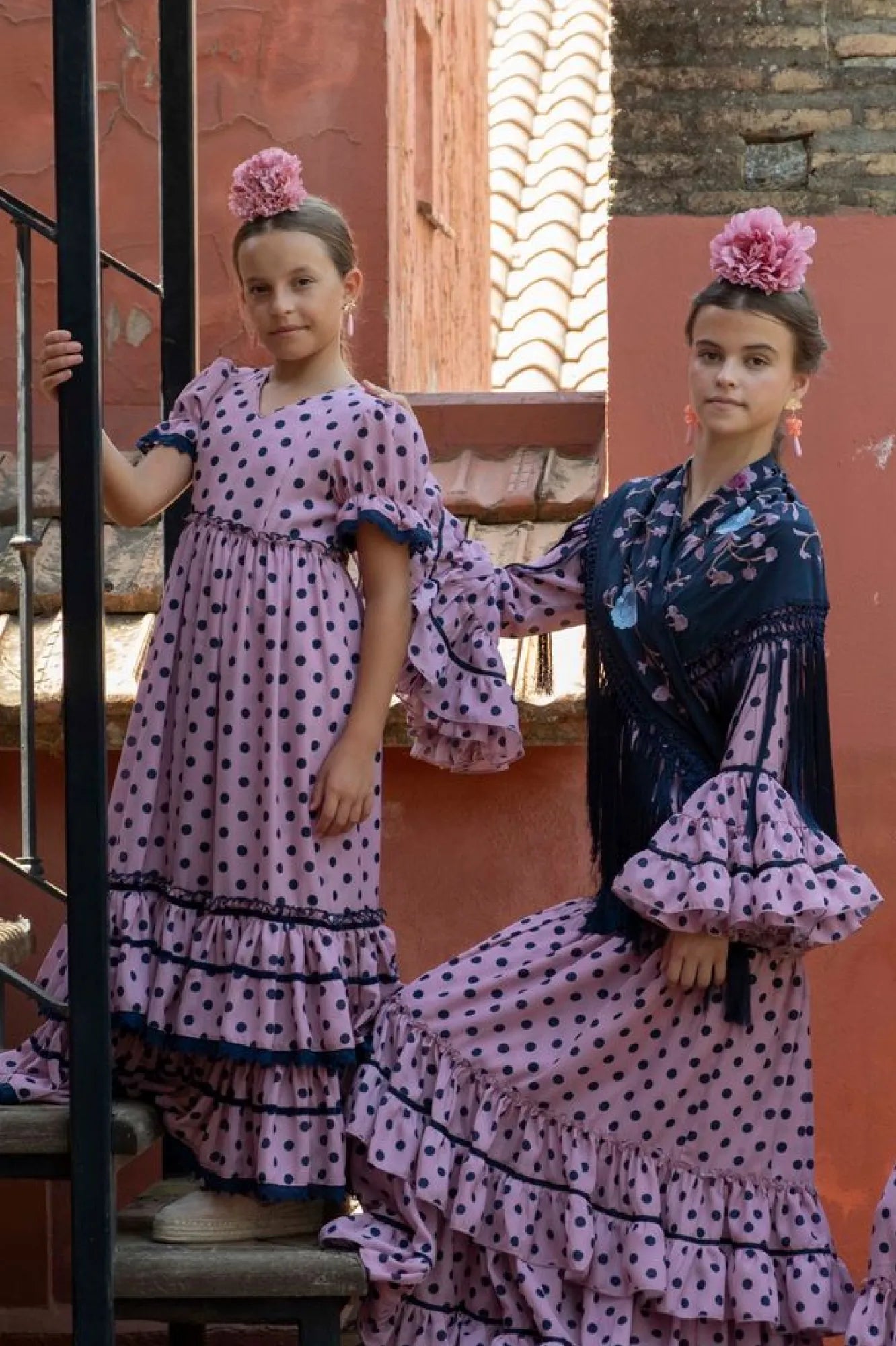 Llamarada Dress - Lilac Flamenco Dress for Girls with Navy Polka Dots & Puff Sleeves