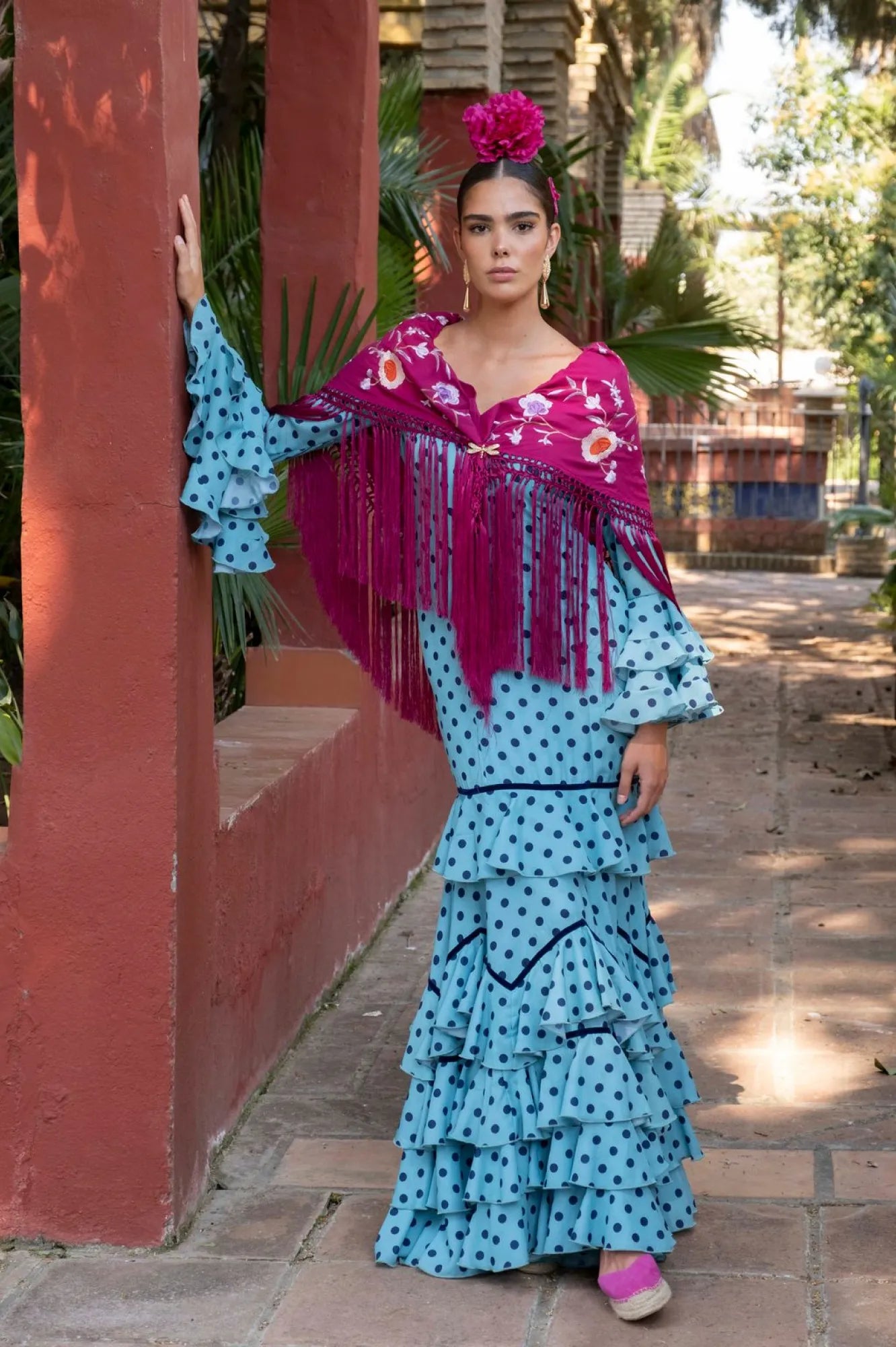 Llanto de Romero Dress - Turquoise Flamenco Dress with Tonal Polka Dots & Ruffled Skirt