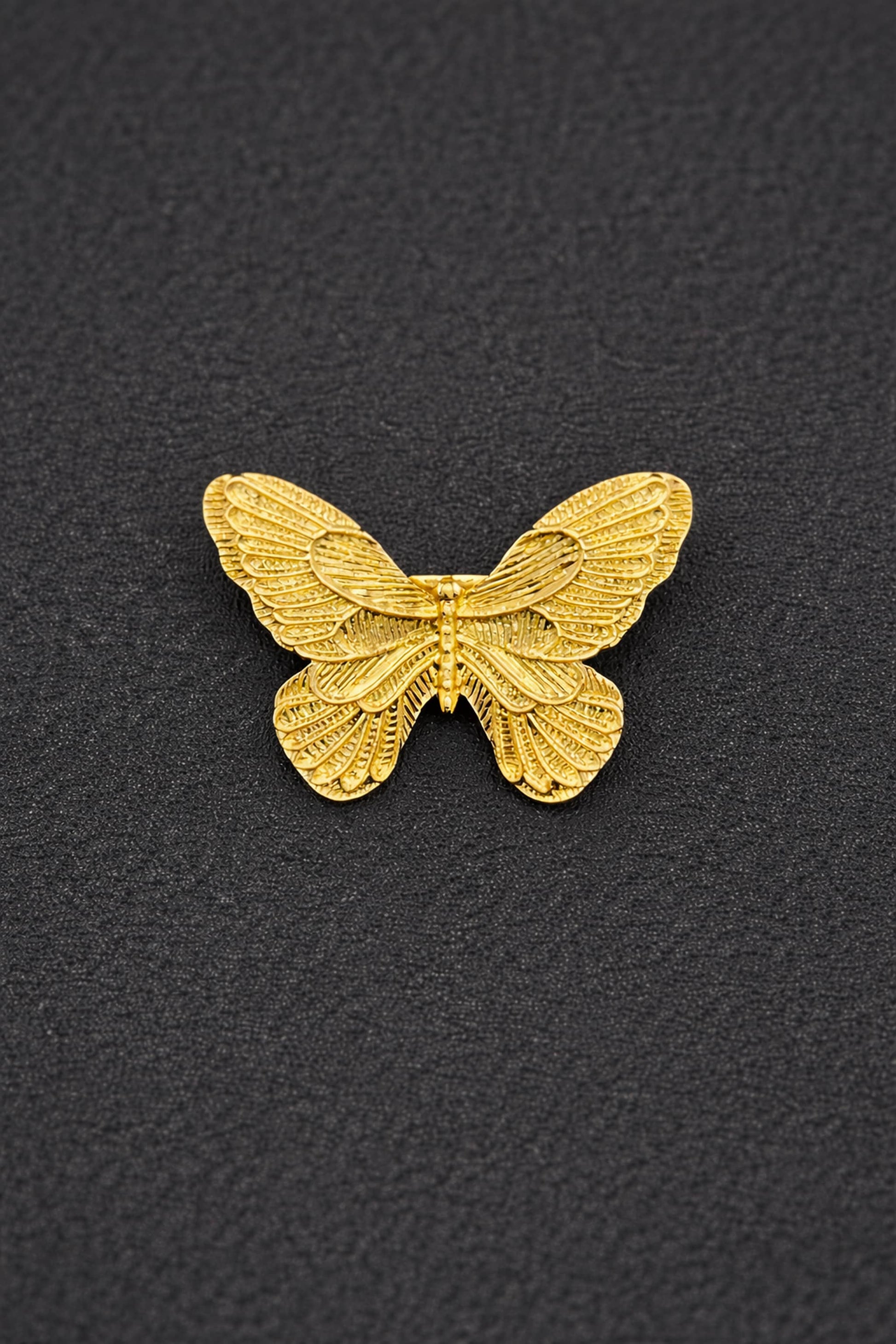 Gold butterfly-shaped object on a black textured background