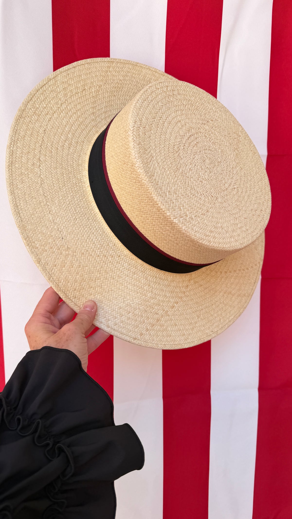 "Fernández y Roche"  Panama Bolero "Vico" Hat with Black and Wine Ribbon Hatband