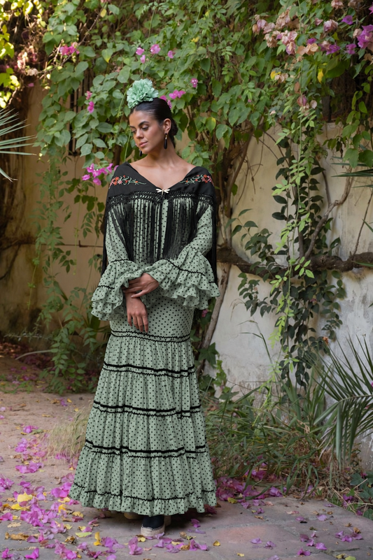 La Pastora Dress - Green Flamenco Dress with Black Polka Dots