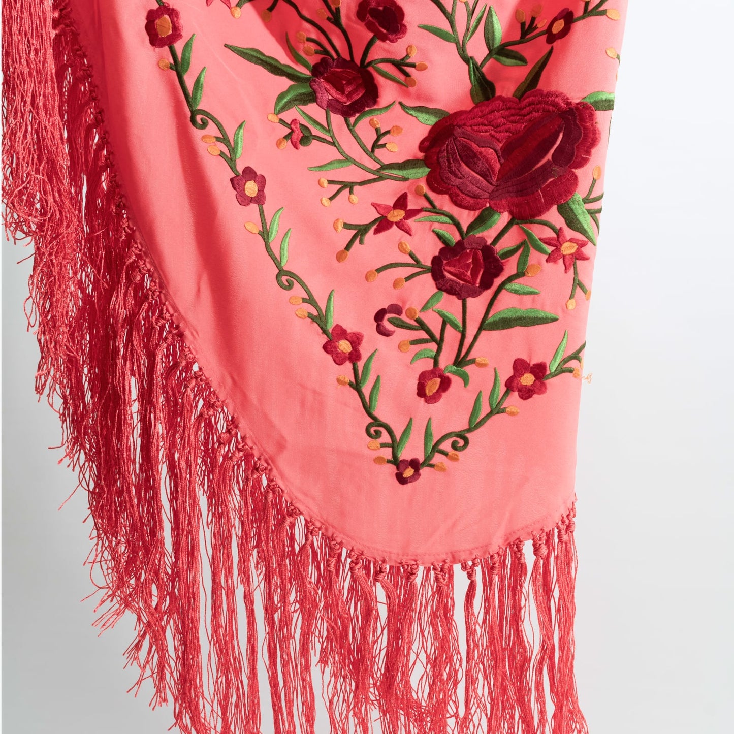 Coral & grana floral embroidered mantoncillo shawl in crespon.