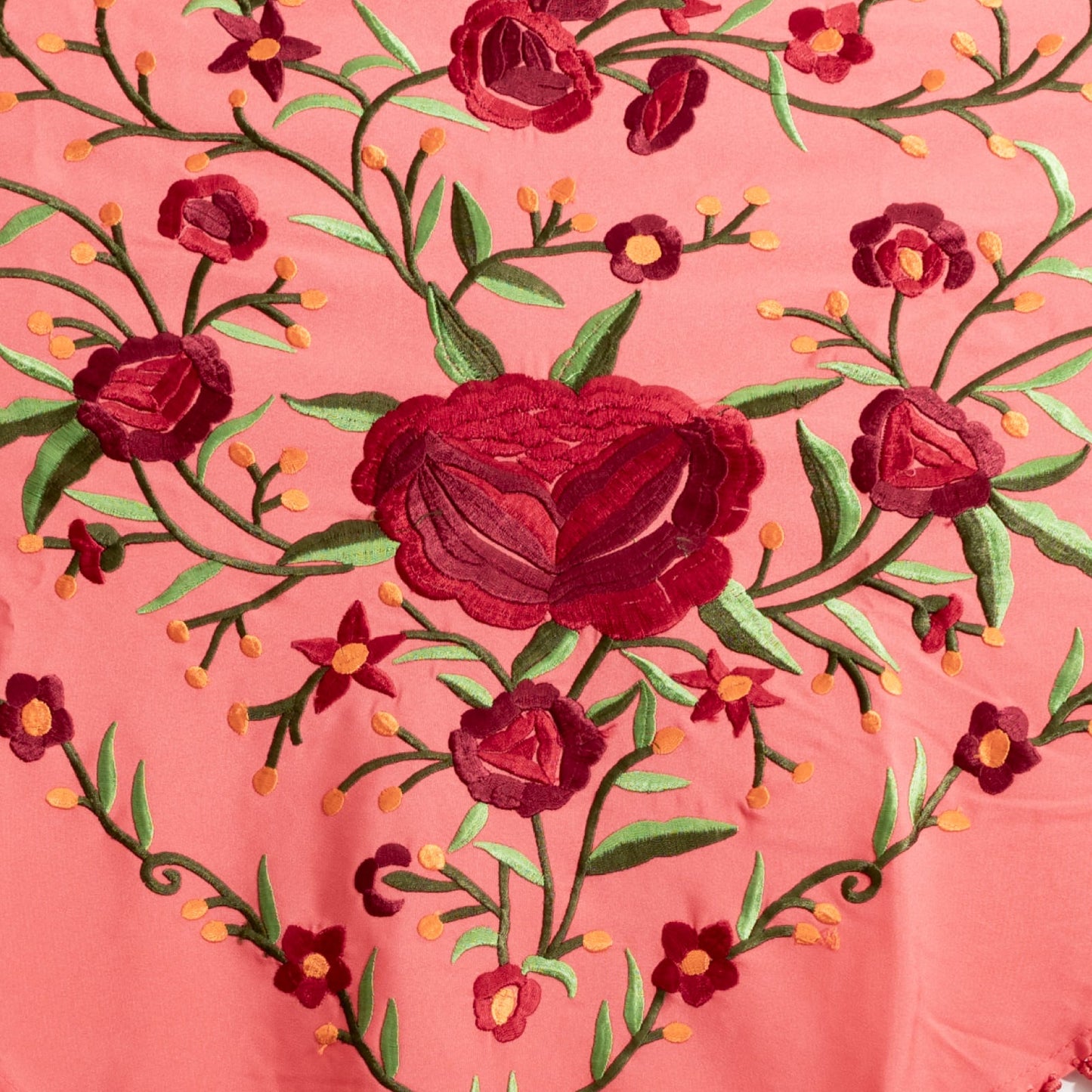 Coral & grana floral embroidered mantoncillo shawl in crespon.