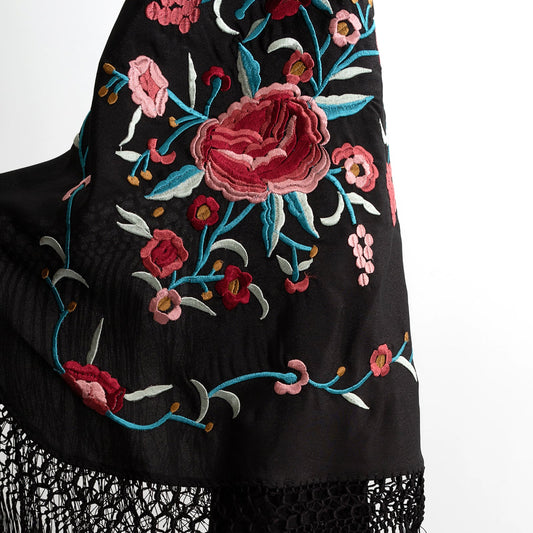 Black floral embroidered mantoncillo shawl.