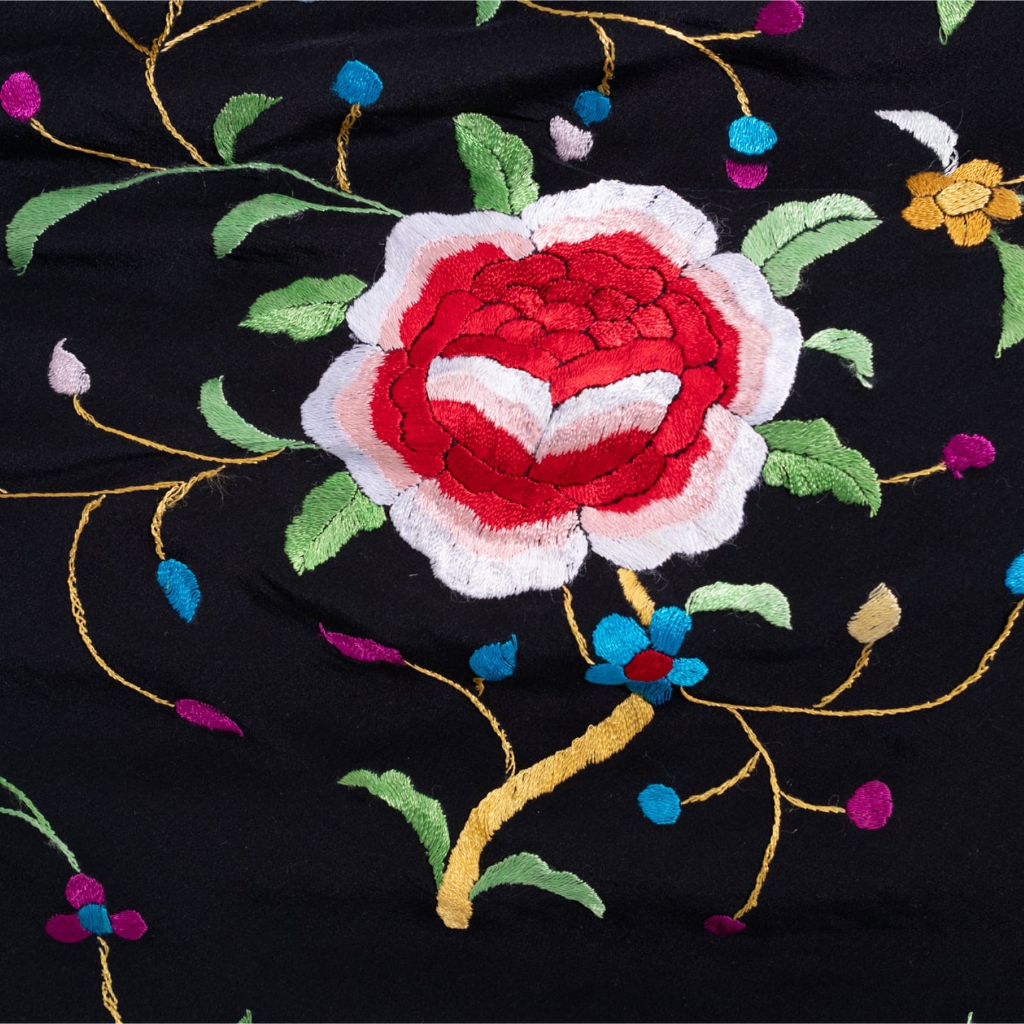 Black and multicolored silk floral embroidered by hand mantoncillo shawl.