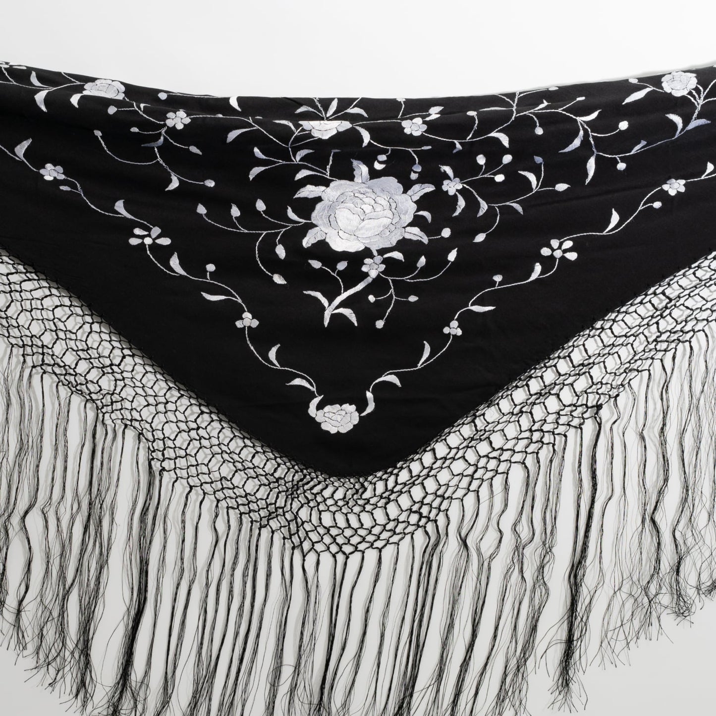 Black and silver silk floral embroidered by hand mantoncillo shawl.