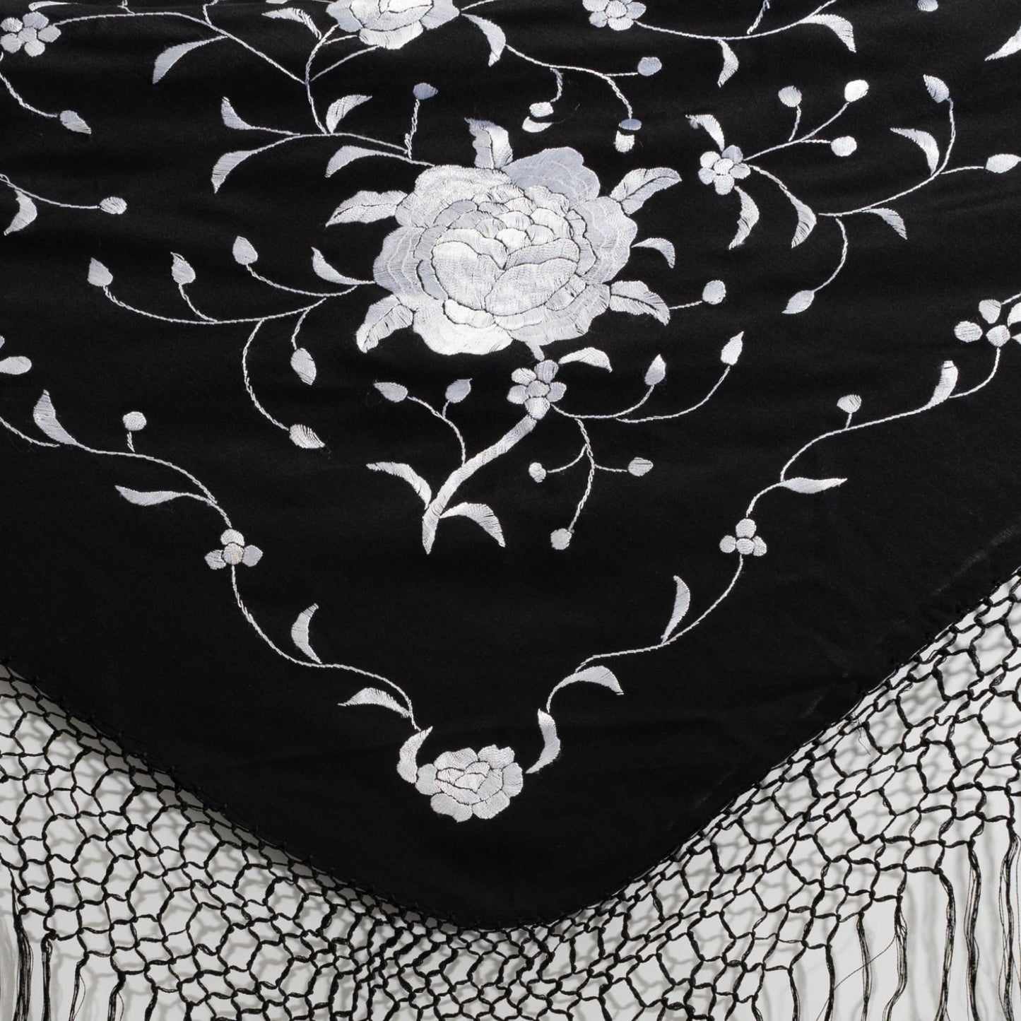 Black and silver silk floral embroidered by hand mantoncillo shawl.