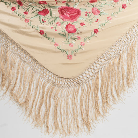 Beige floral embroidered mantoncillo shawl.