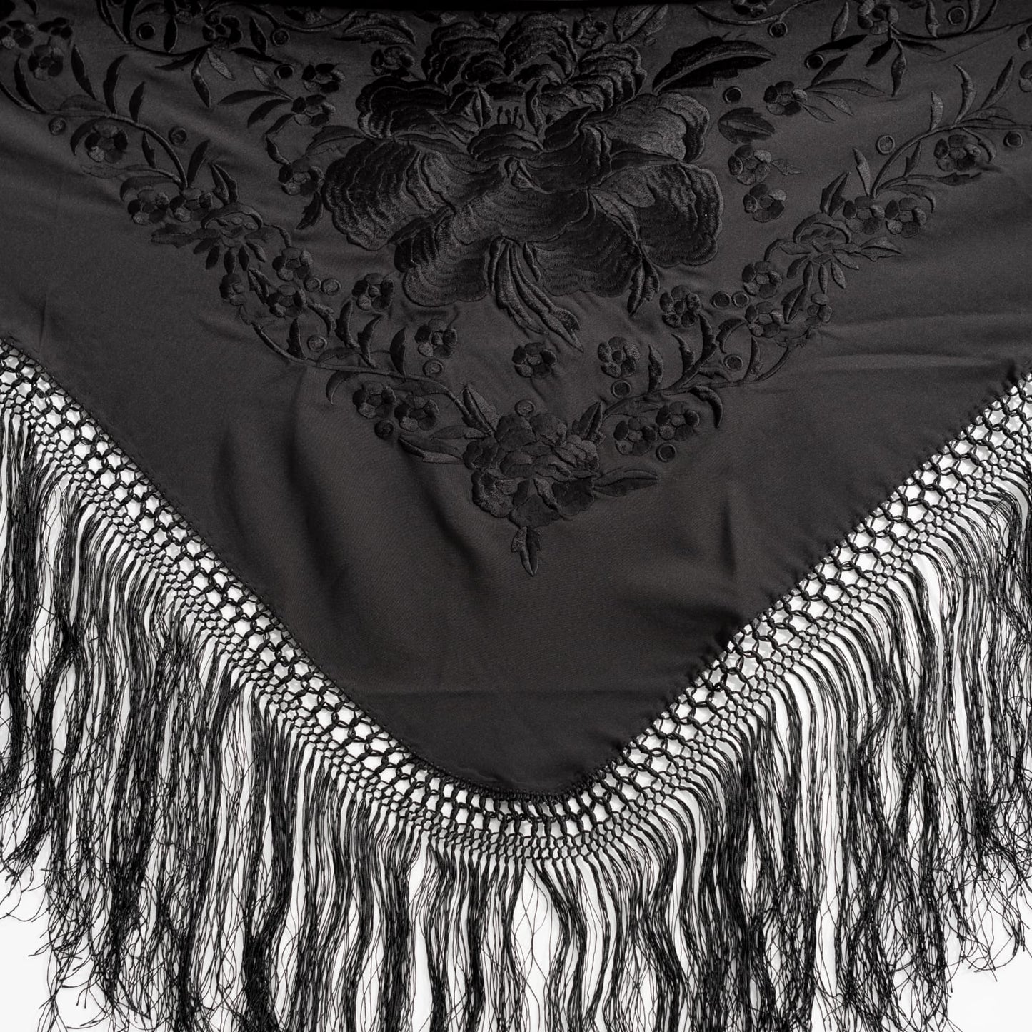 Black Granada floral embroidered mantoncillo shawl.