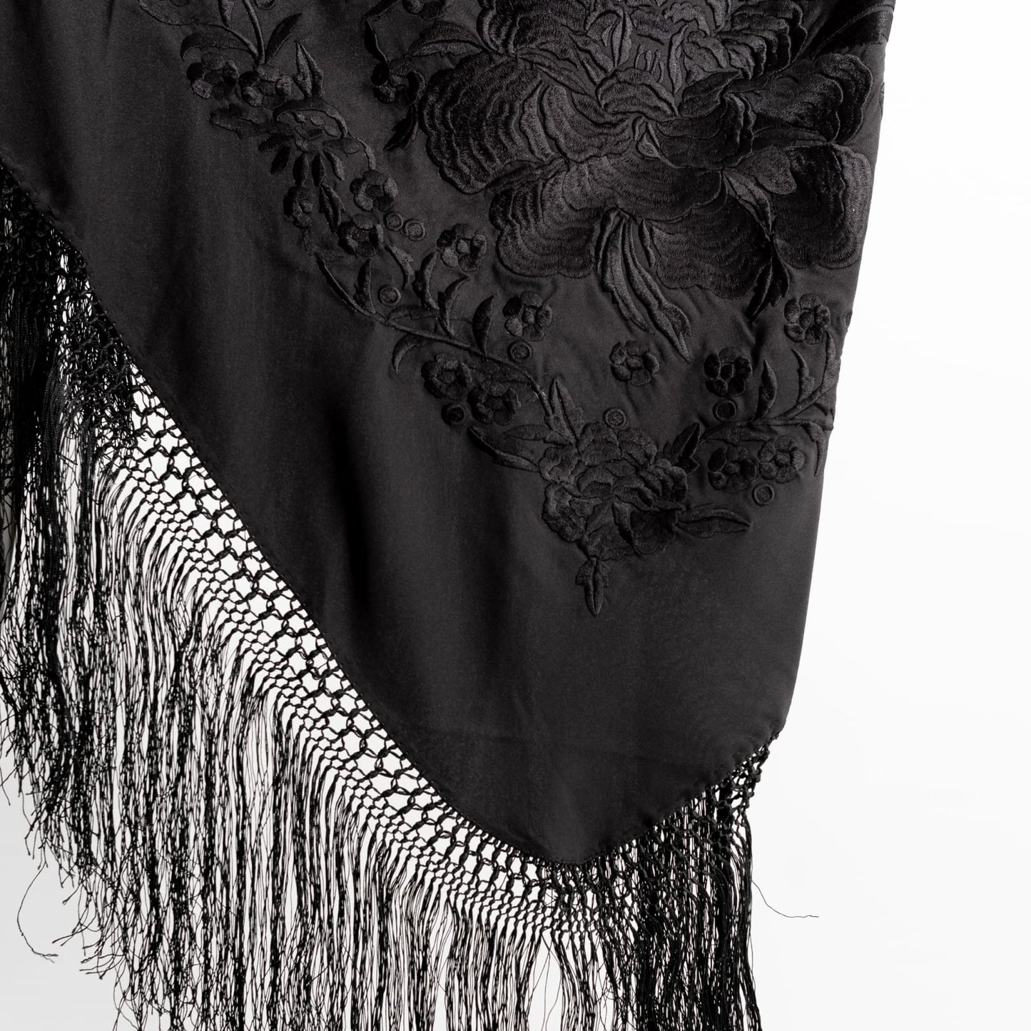 Black Granada floral embroidered mantoncillo shawl.