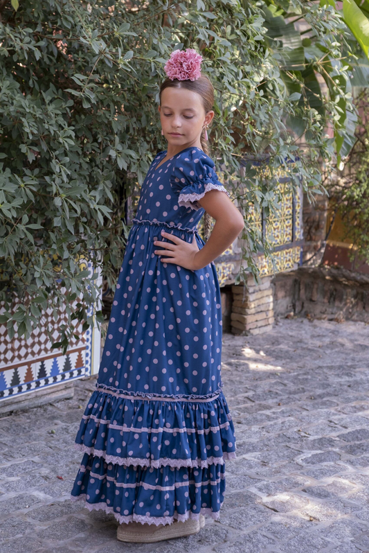Ajoli Dress - Blue Flamenco Dress for Girls with Pink Polka Dots · Sevilla Feria Style