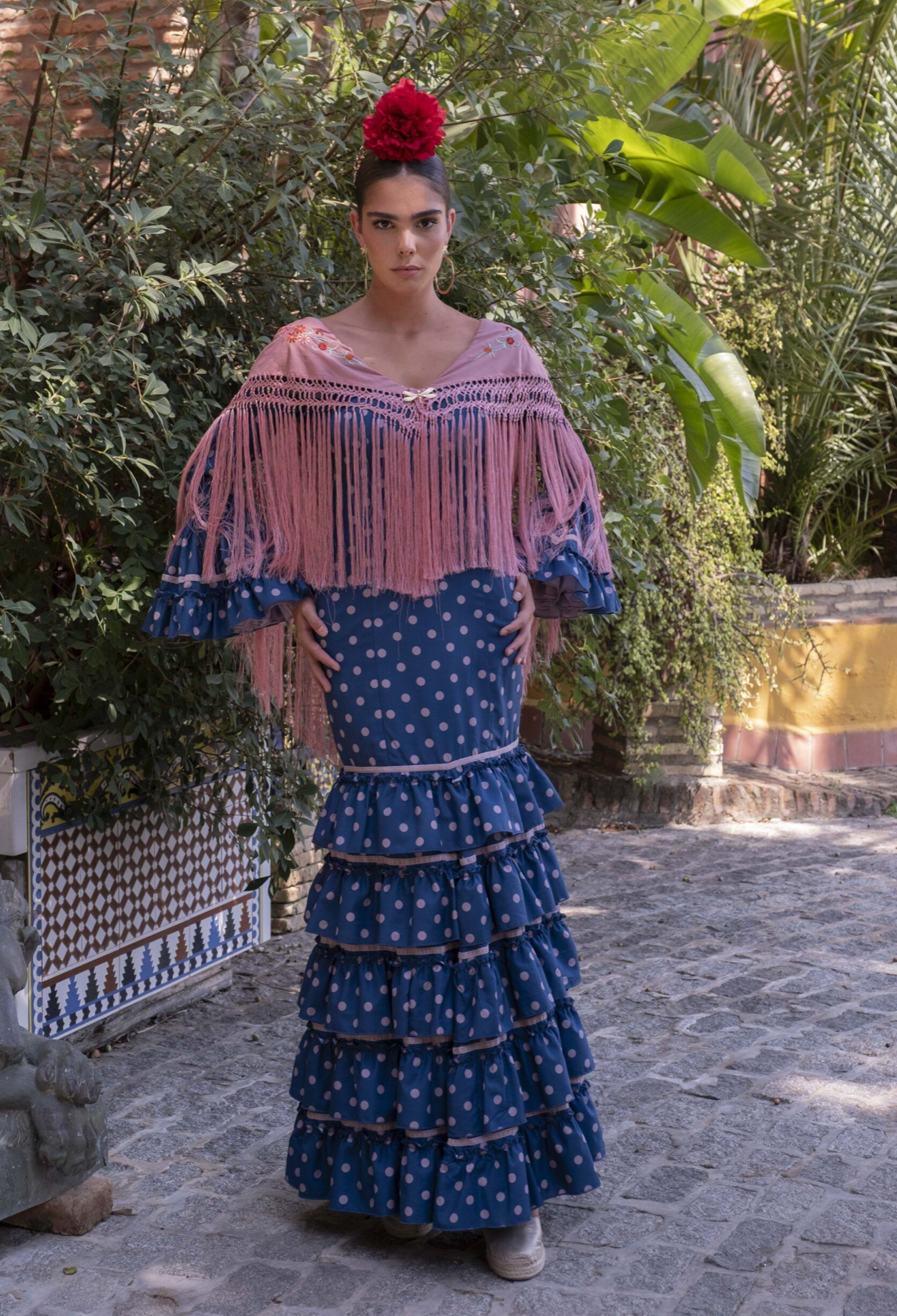 Volantes al Viento Dress Blue Flamenco Dress with Soft pink Polka Dots and details
