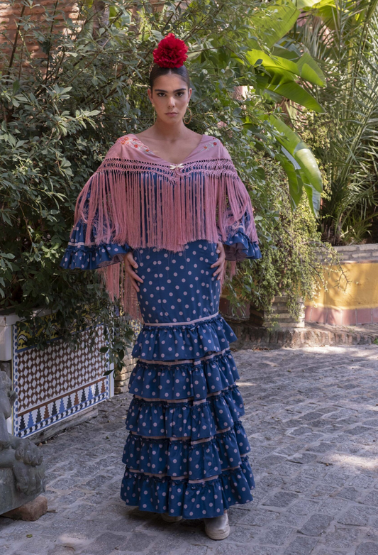 Volantes al Viento Dress Blue Flamenco Dress with Soft pink Polka Dots and details