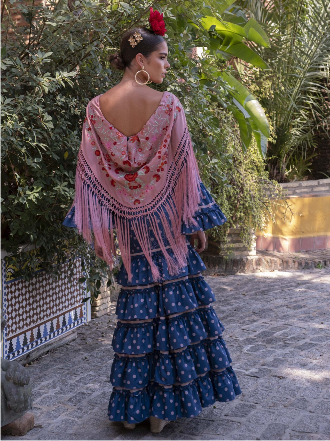 Volantes al Viento Dress Blue Flamenco Dress with Soft pink Polka Dots and details