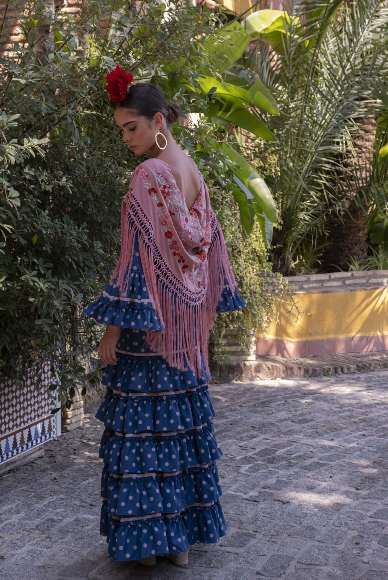 Volantes al Viento Dress Blue Flamenco Dress with Soft pink Polka Dots and details