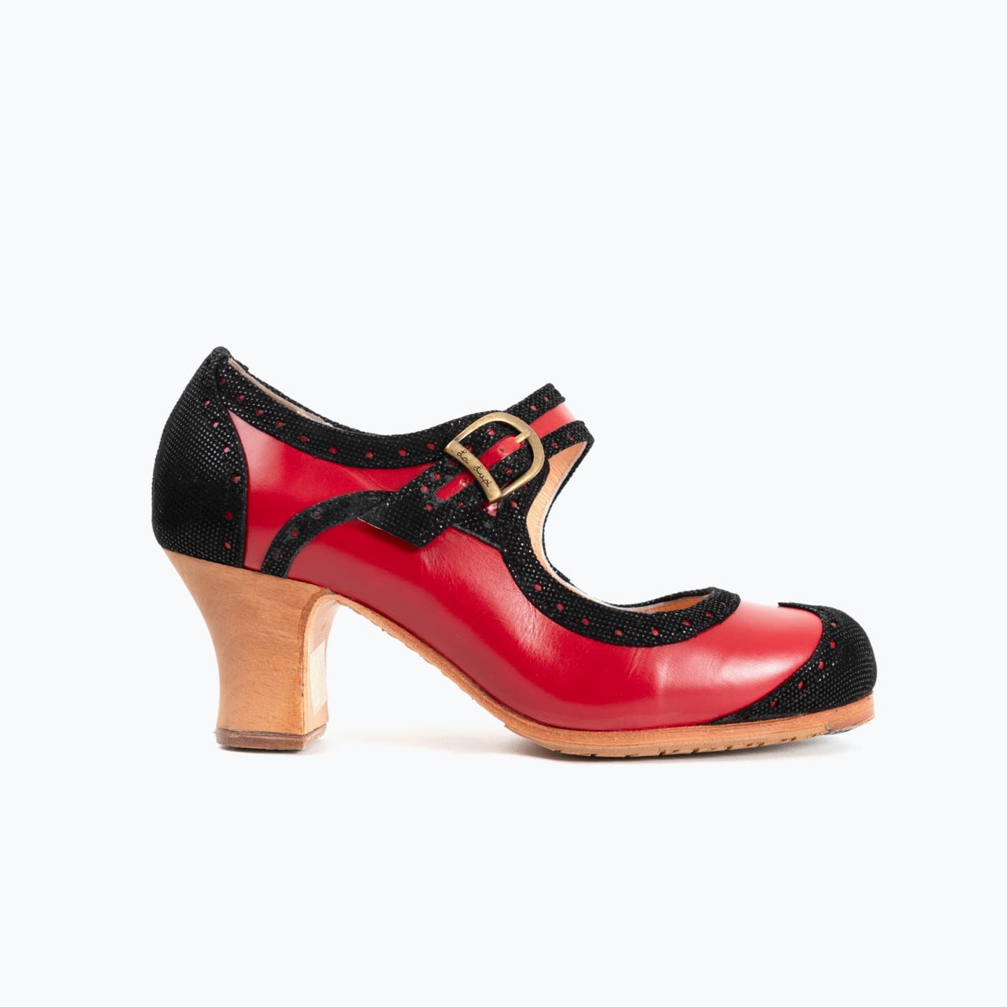 Professional Flamenco Dance Shoes "La Lupi" model in red and black leather and “carrete” heel.