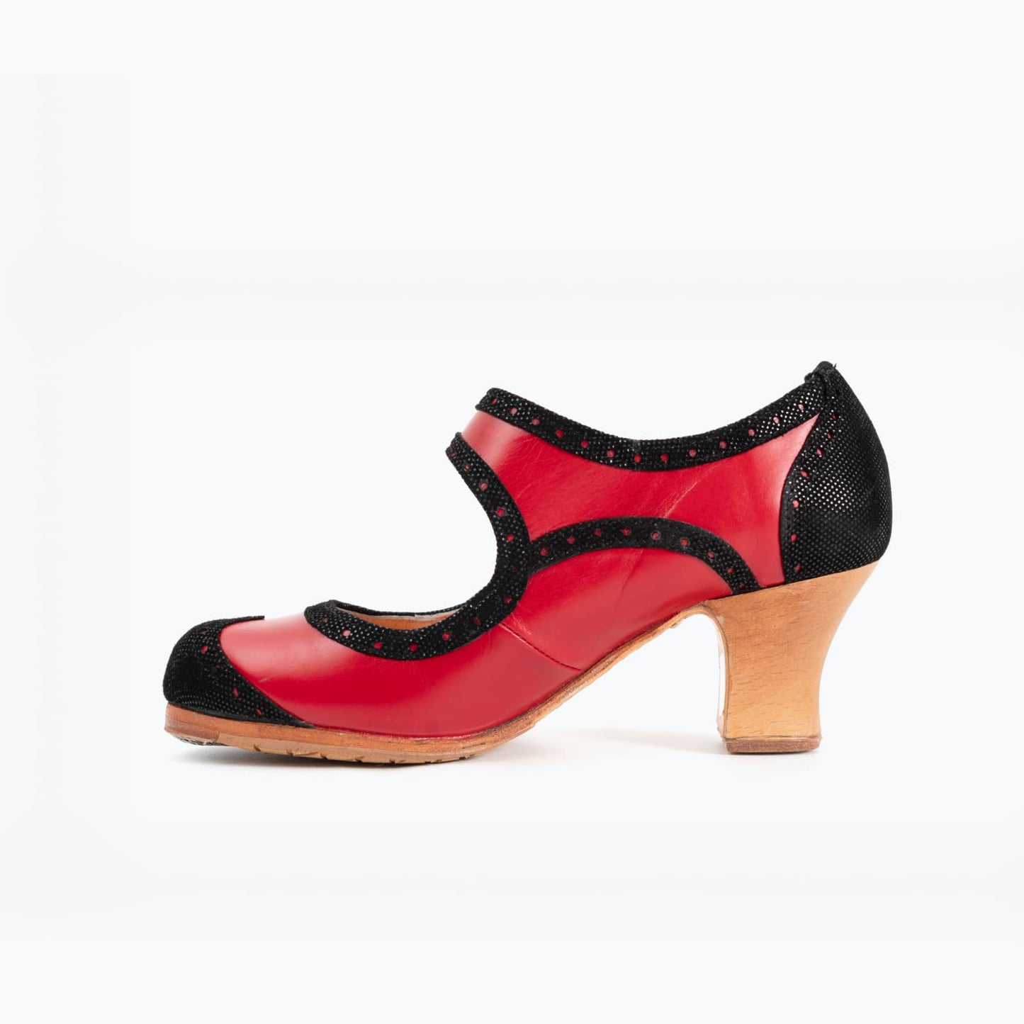 Professional Flamenco Dance Shoes "La Lupi" model in red and black leather and “carrete” heel.