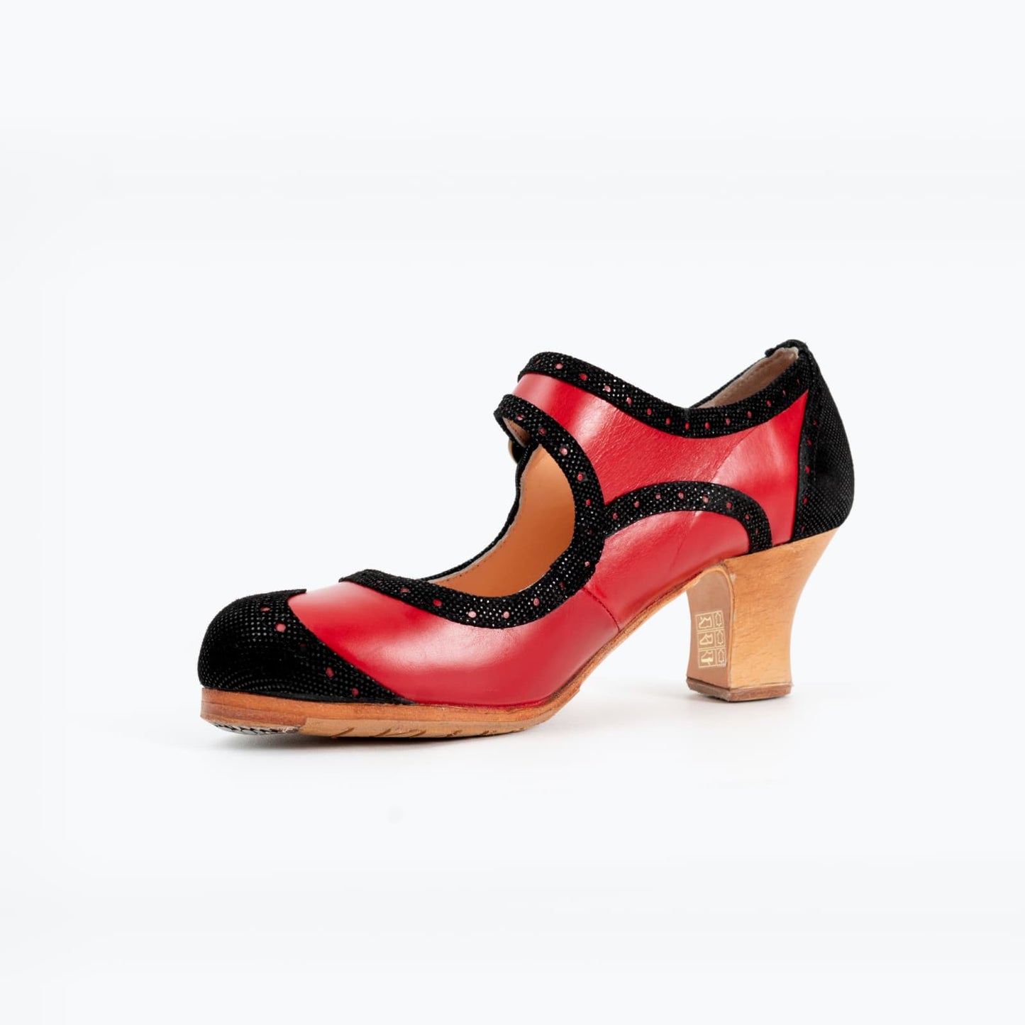 Professional Flamenco Dance Shoes "La Lupi" model in red and black leather and “carrete” heel.