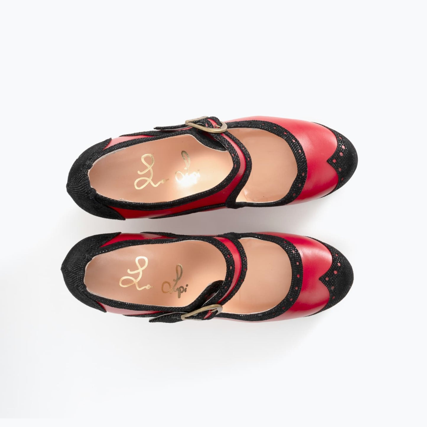 Professional Flamenco Dance Shoes "La Lupi" model in red and black leather and “carrete” heel.