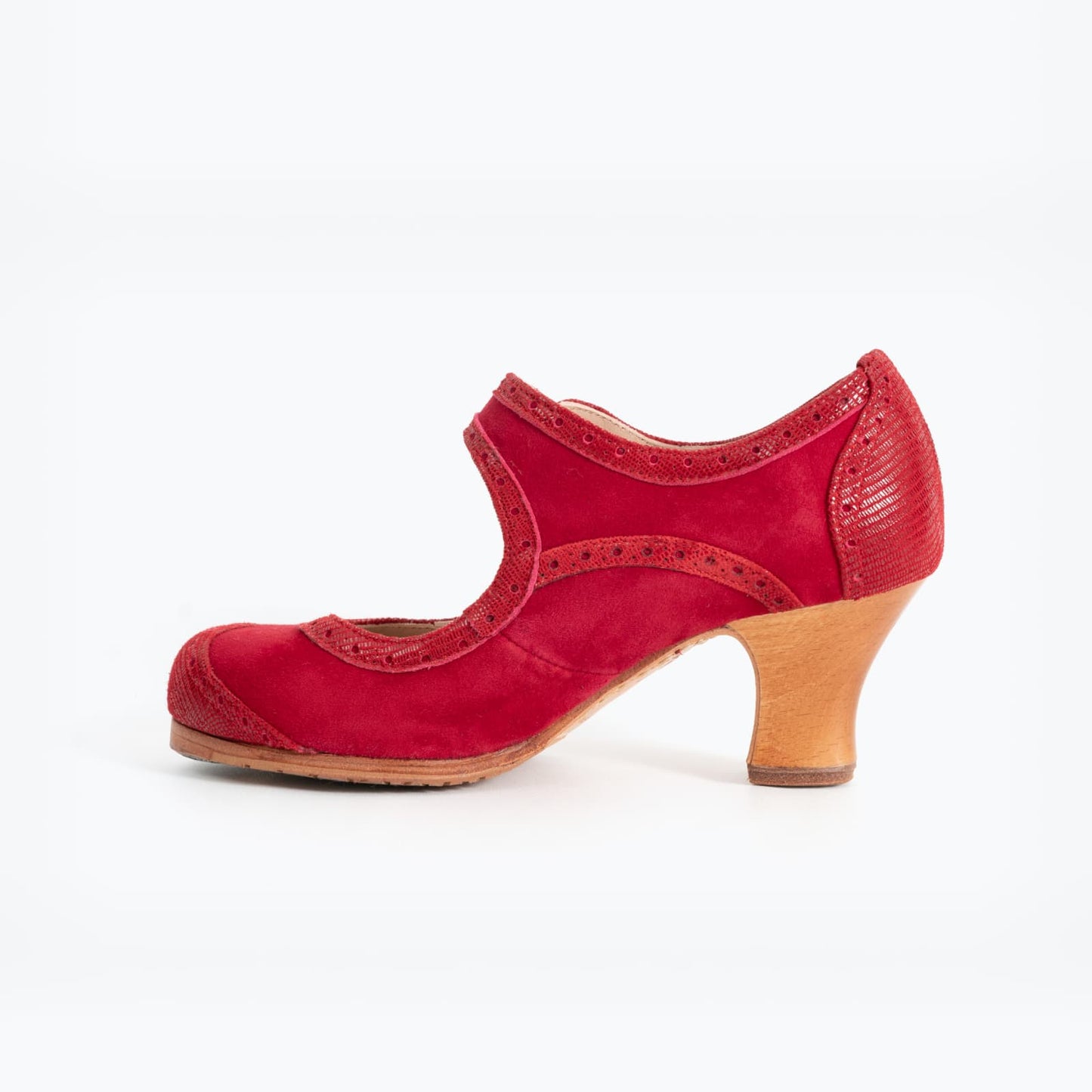 Professional Flamenco Dance Shoes "La Lupi" model in Red leather with buckle and “carrete” heel.