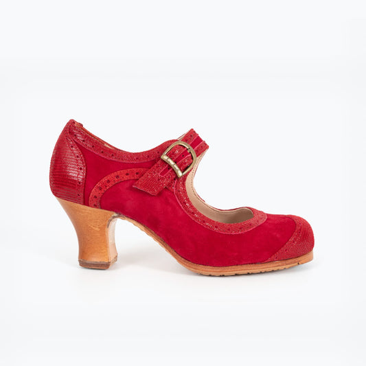 Professional Flamenco Dance Shoes "La Lupi" model in Red leather with buckle and “carrete” heel.