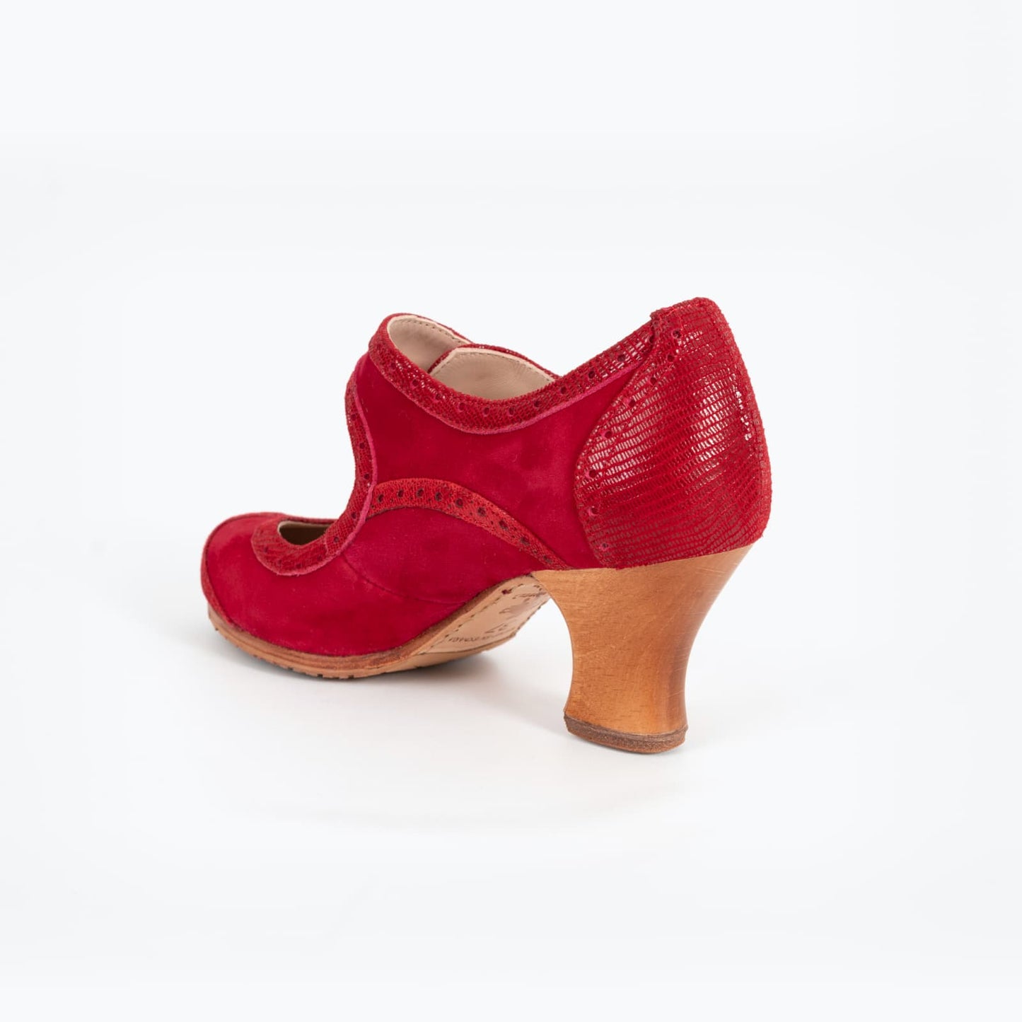 Professional Flamenco Dance Shoes "La Lupi" model in Red leather with buckle and “carrete” heel.