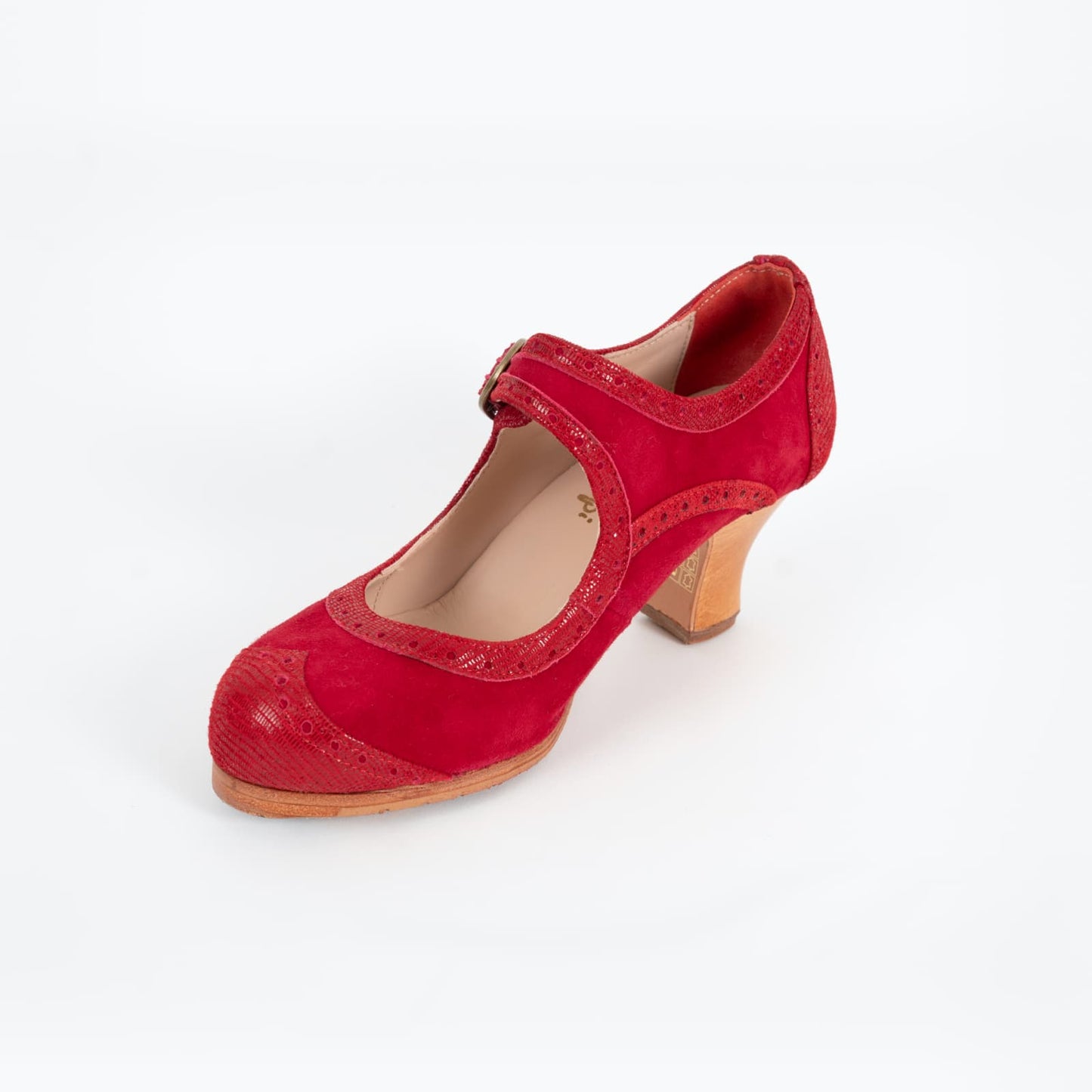 Professional Flamenco Dance Shoes "La Lupi" model in Red leather with buckle and “carrete” heel.