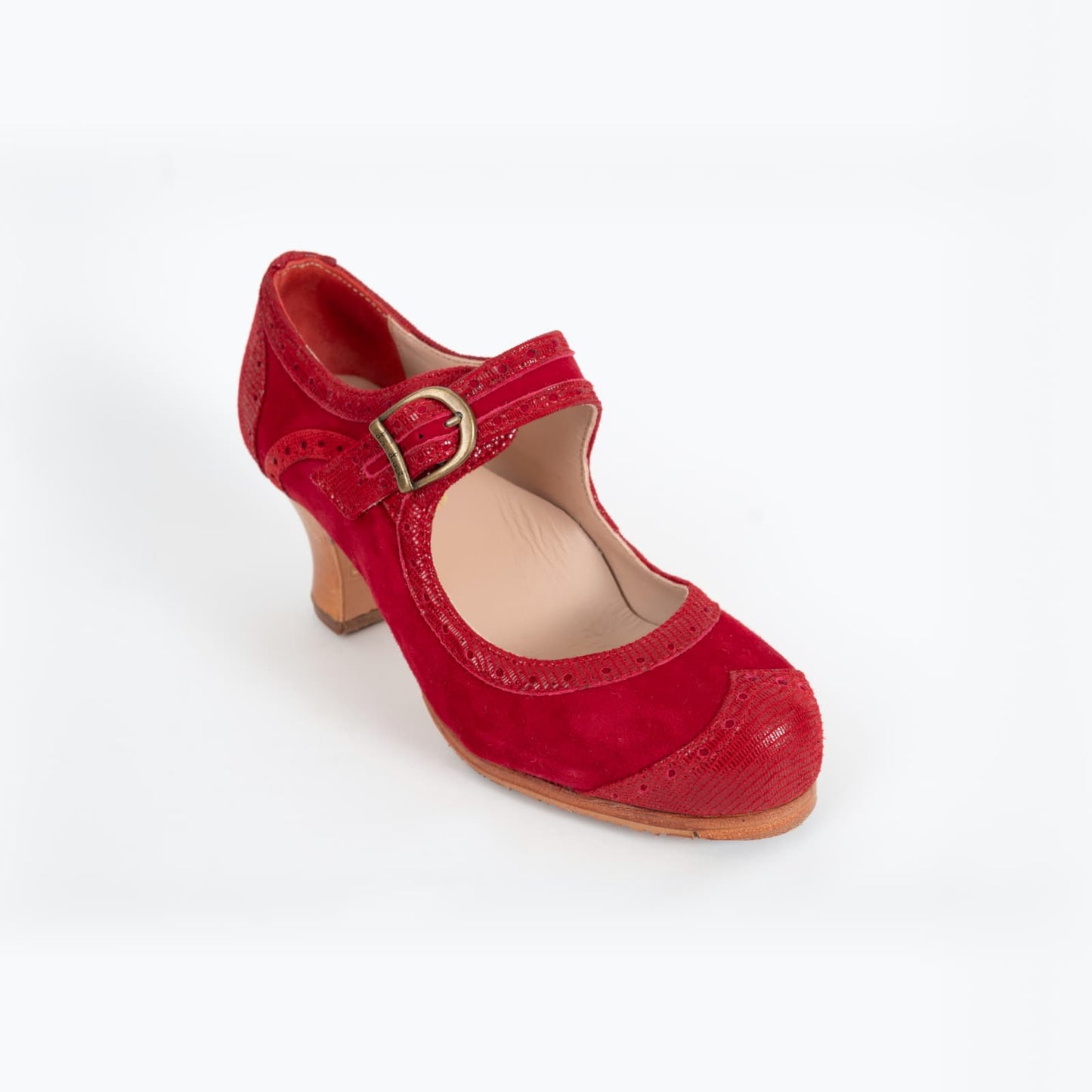 Professional Flamenco Dance Shoes "La Lupi" model in Red leather with buckle and “carrete” heel.