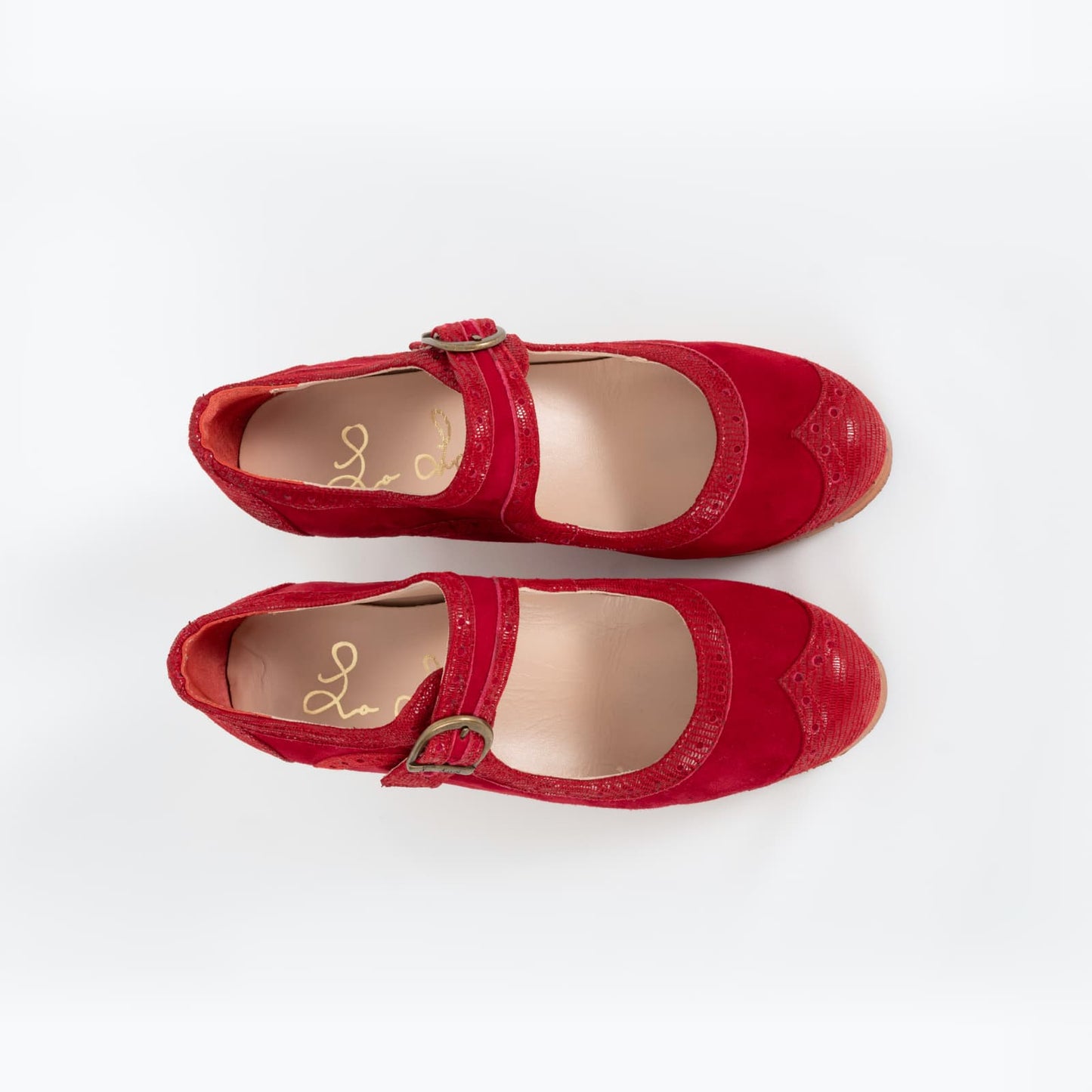 Professional Flamenco Dance Shoes "La Lupi" model in Red leather with buckle and “carrete” heel.