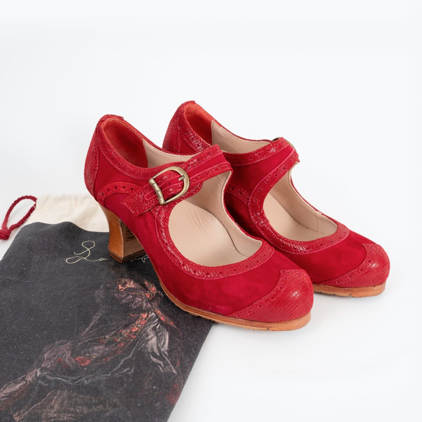 Professional Flamenco Dance Shoes "La Lupi" model in Red leather with buckle and “carrete” heel.