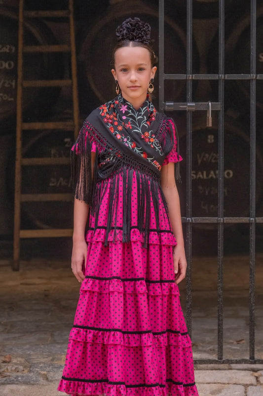 Flor de Alheli Dress - Fuchsia Flamenco Dress for Girls with Black Polka Dots