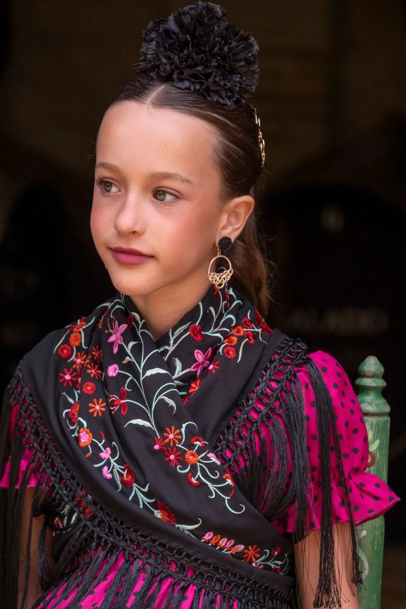 Flor de Alheli Dress - Fuchsia Flamenco Dress for Girls with Black Polka Dots