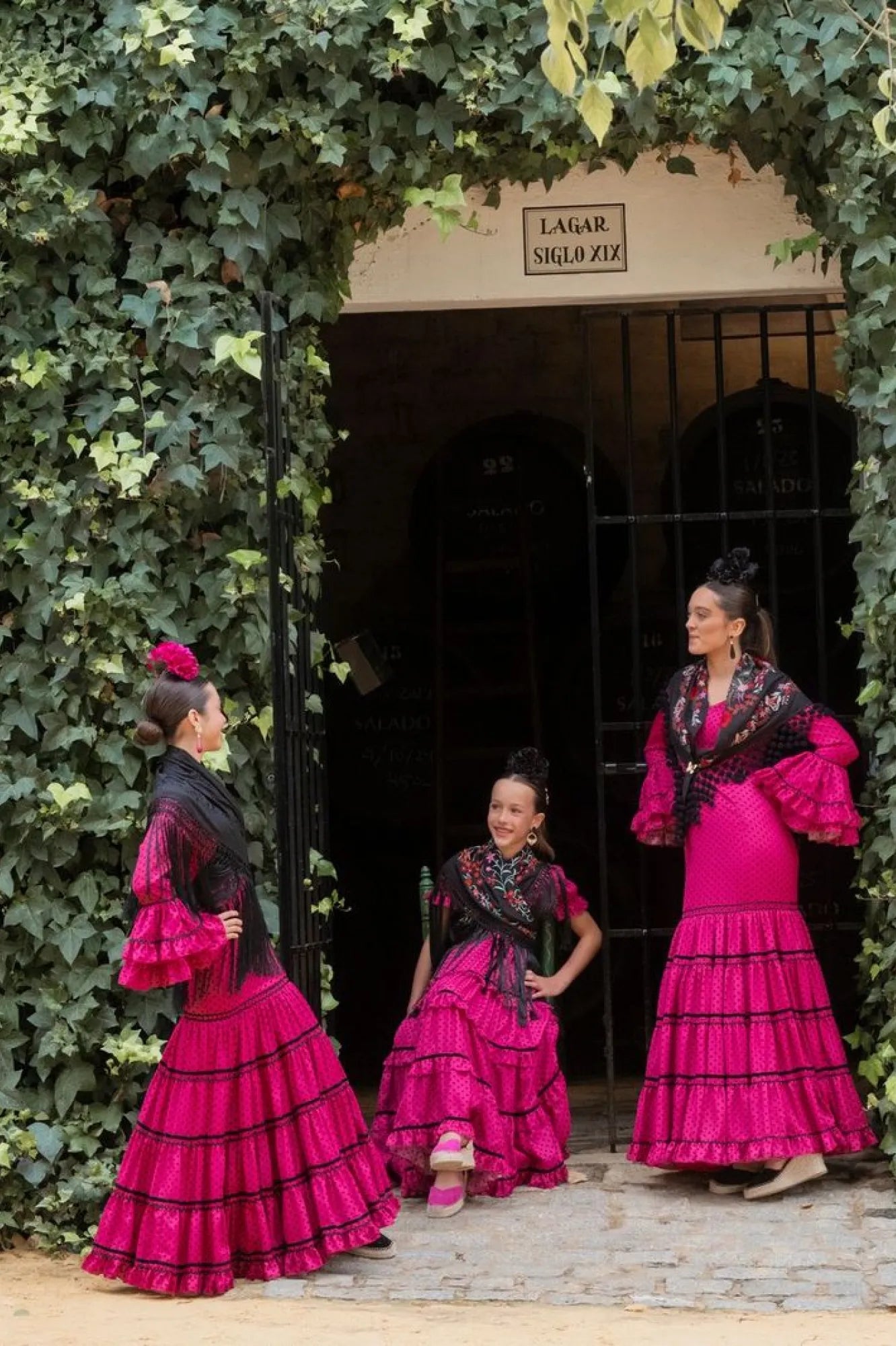 Flor de Alheli Dress - Fuchsia Flamenco Dress for Girls with Black Polka Dots