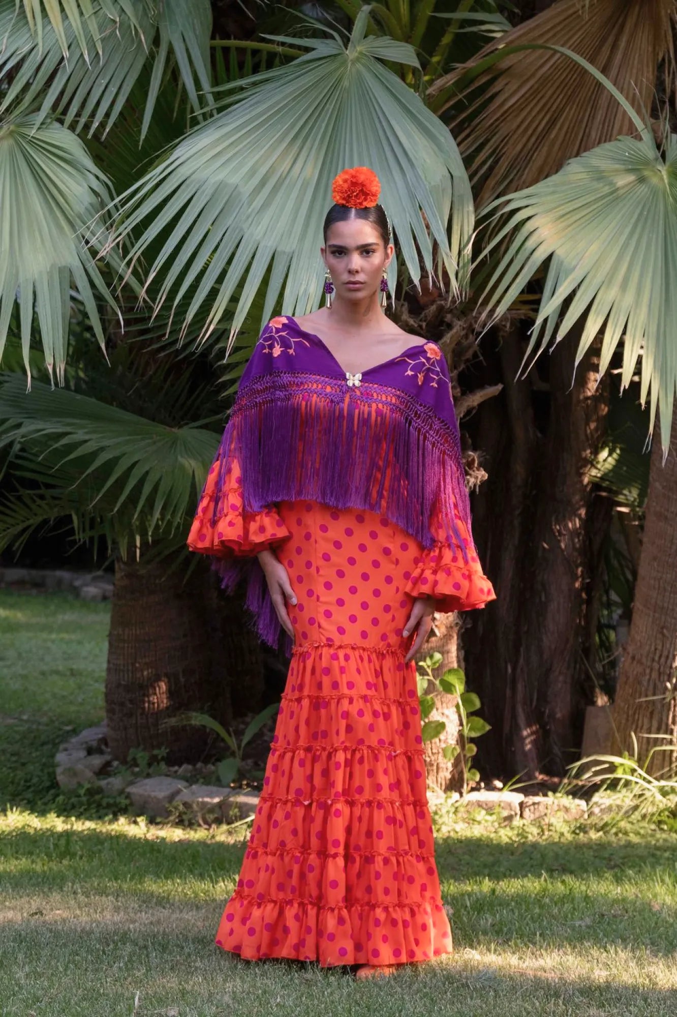 Almonteños Dress - Orange Flamenco Dress with Bougainvillea Polka Dots