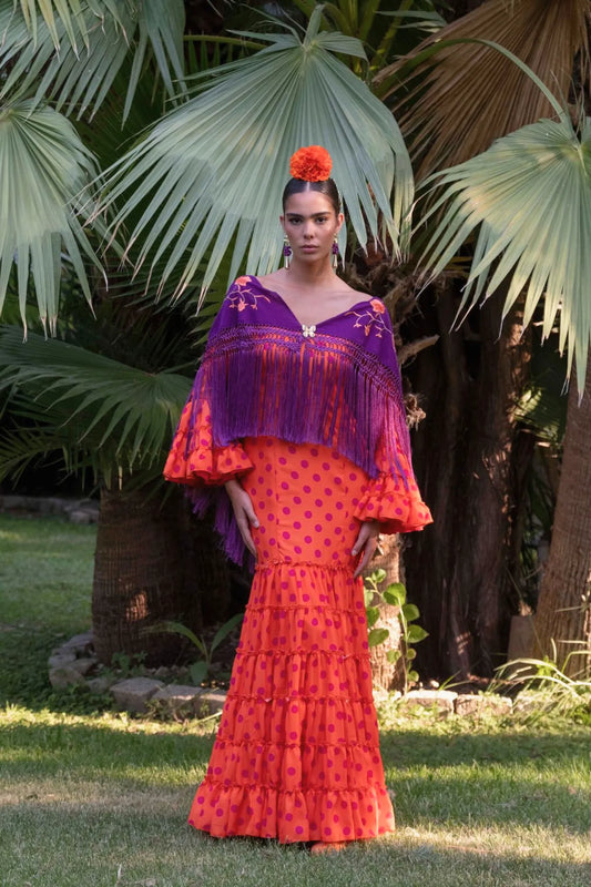 Almonteños Dress - Orange Flamenco Dress with Bougainvillea Polka Dots