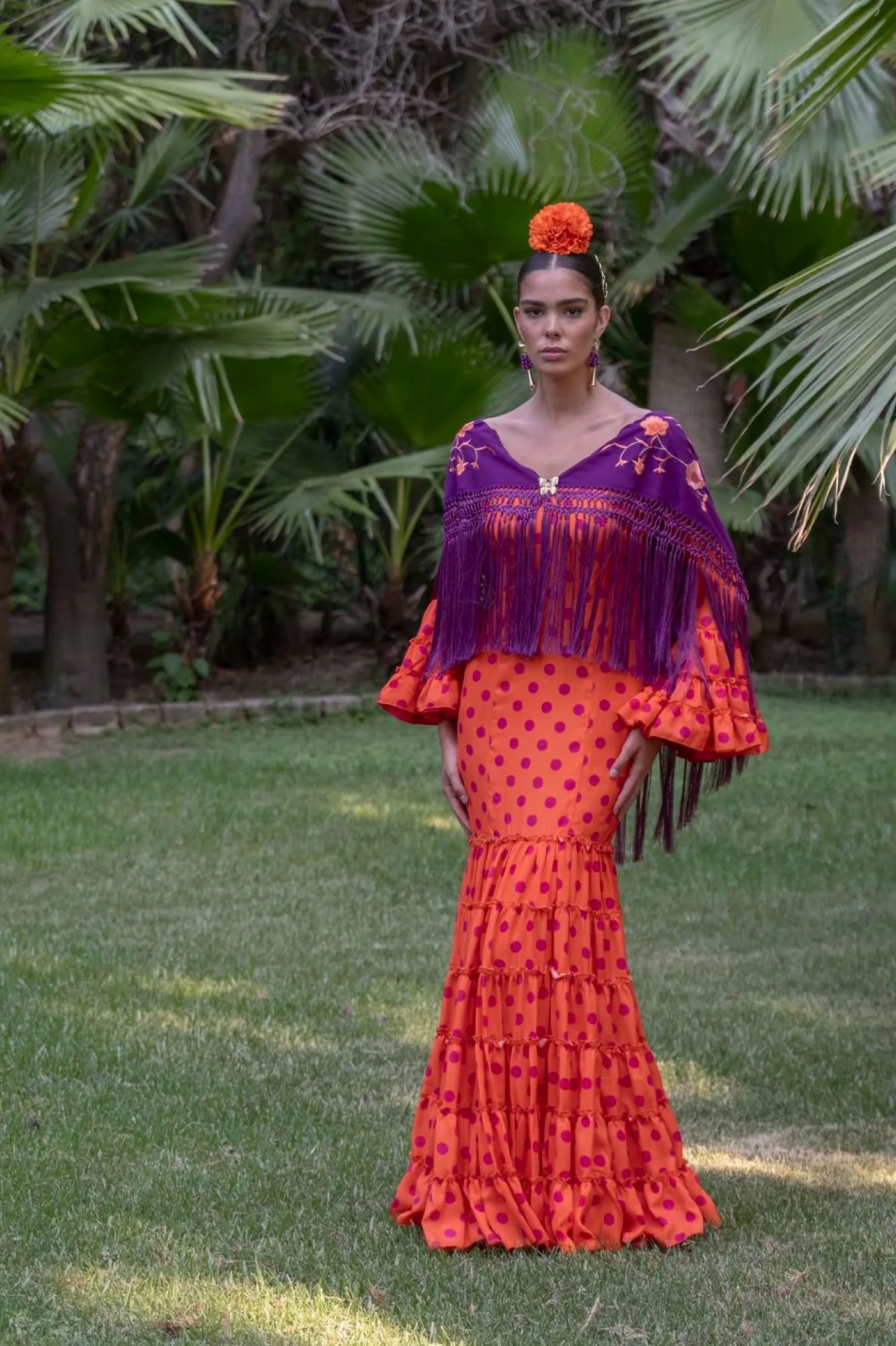 Almonteños Dress - Orange Flamenco Dress with Bougainvillea Polka Dots