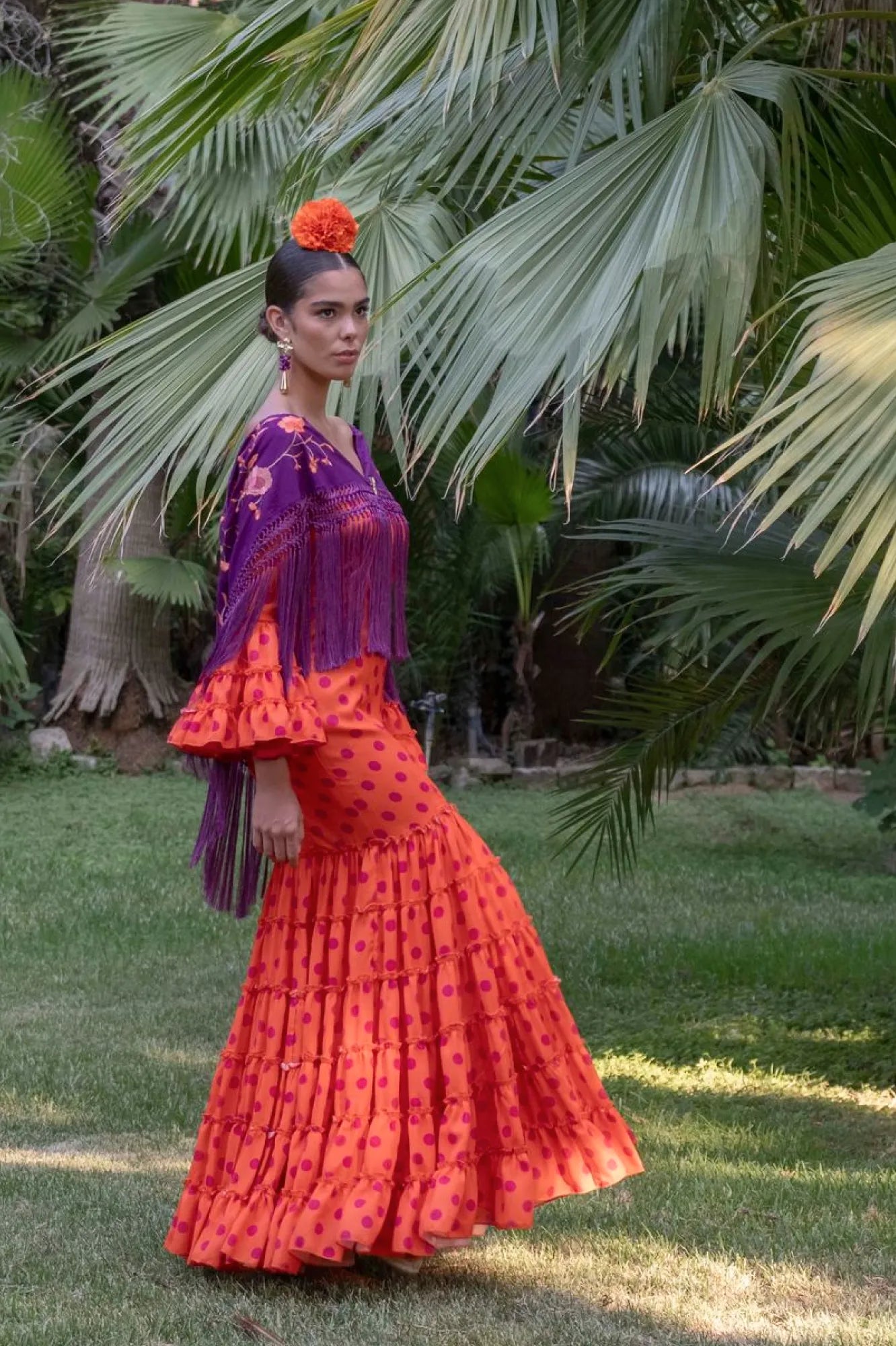 Almonteños Dress - Orange Flamenco Dress with Bougainvillea Polka Dots