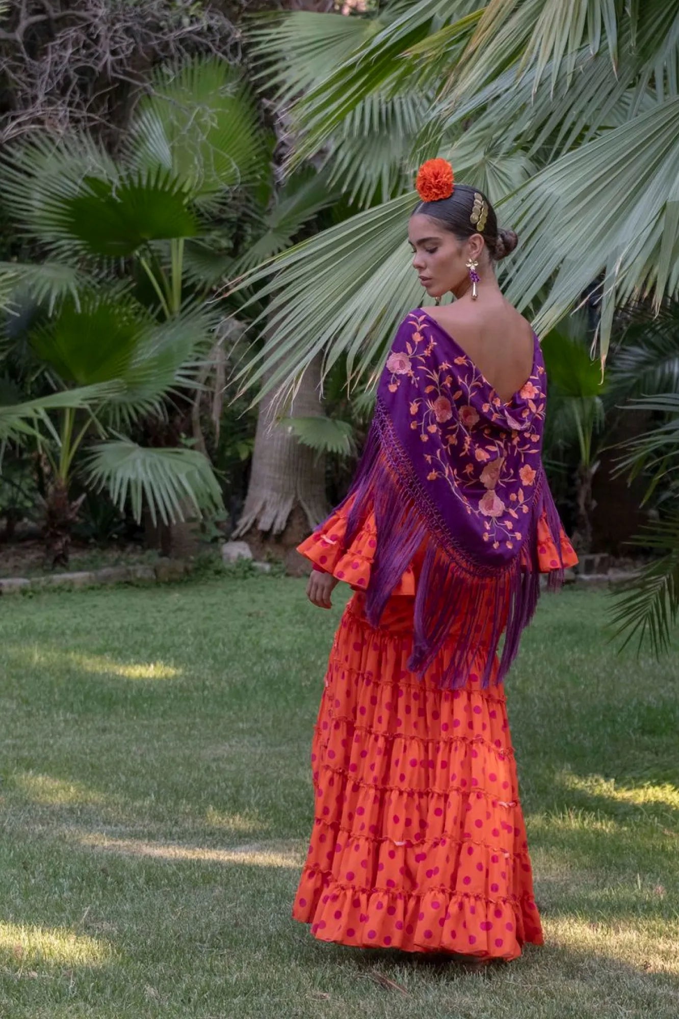 Almonteños Dress - Orange Flamenco Dress with Bougainvillea Polka Dots