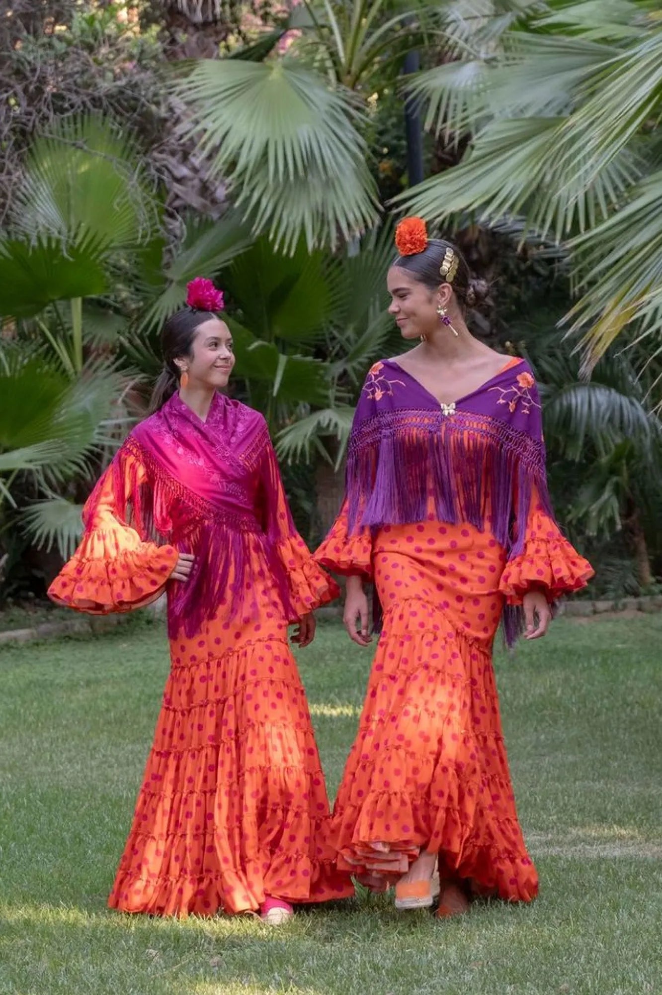 Almonteños Dress - Orange Flamenco Dress with Bougainvillea Polka Dots