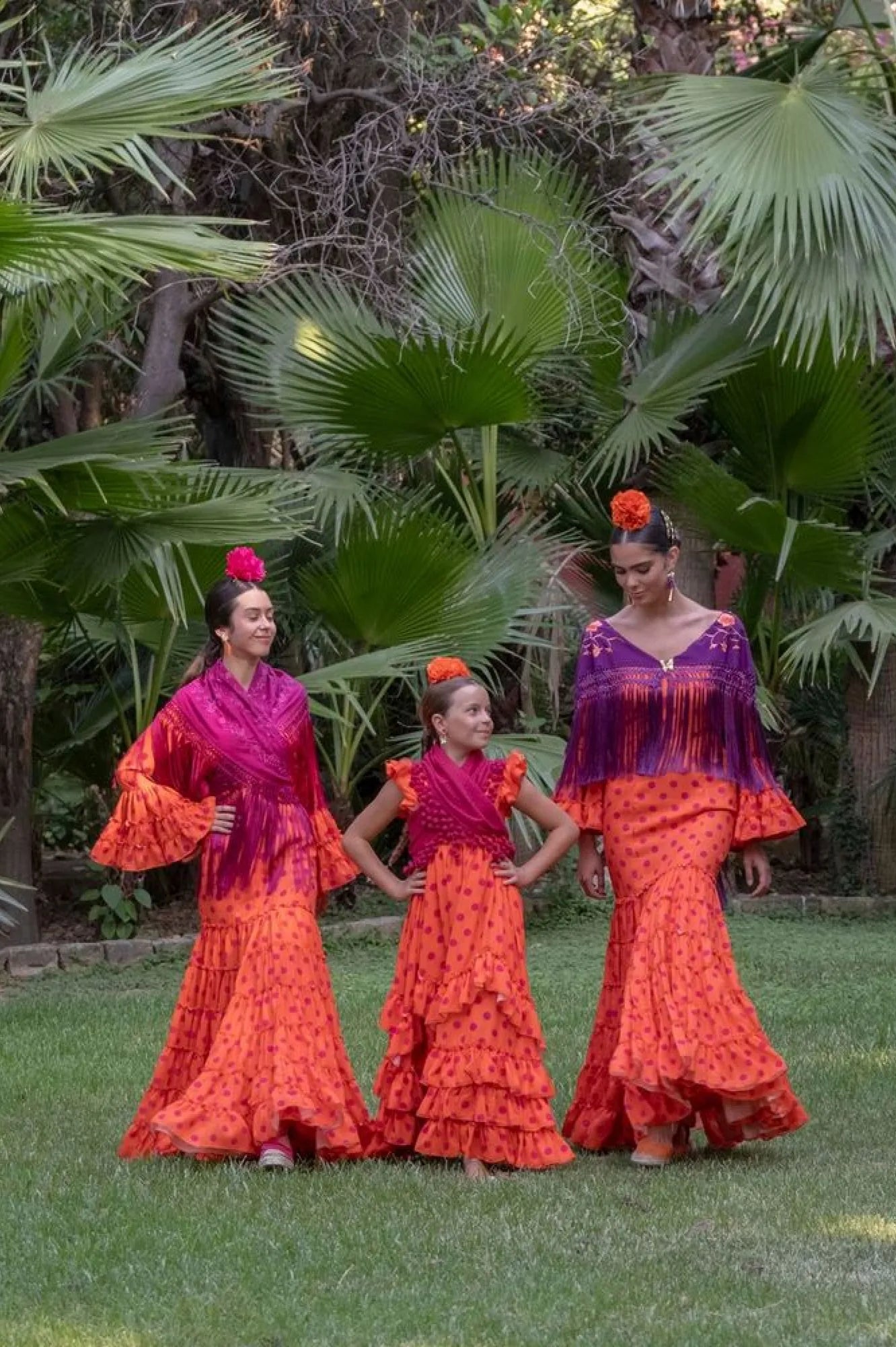 Almonteños Dress - Orange Flamenco Dress with Bougainvillea Polka Dots