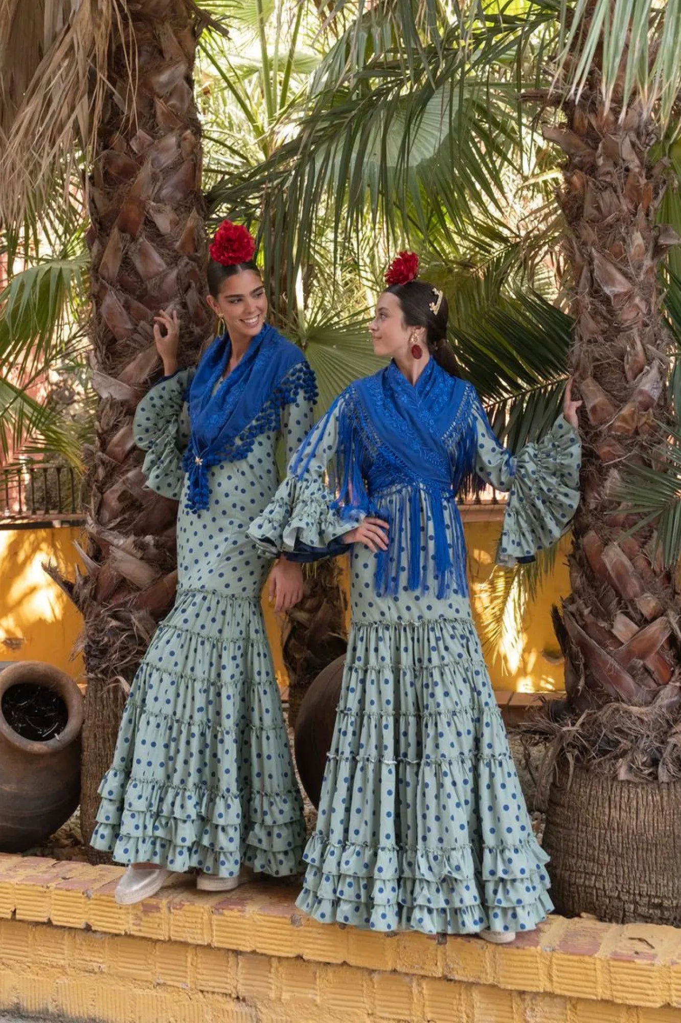 Blanca Paloma Dress – Green Flamenco Dress with Blue Polka Dots