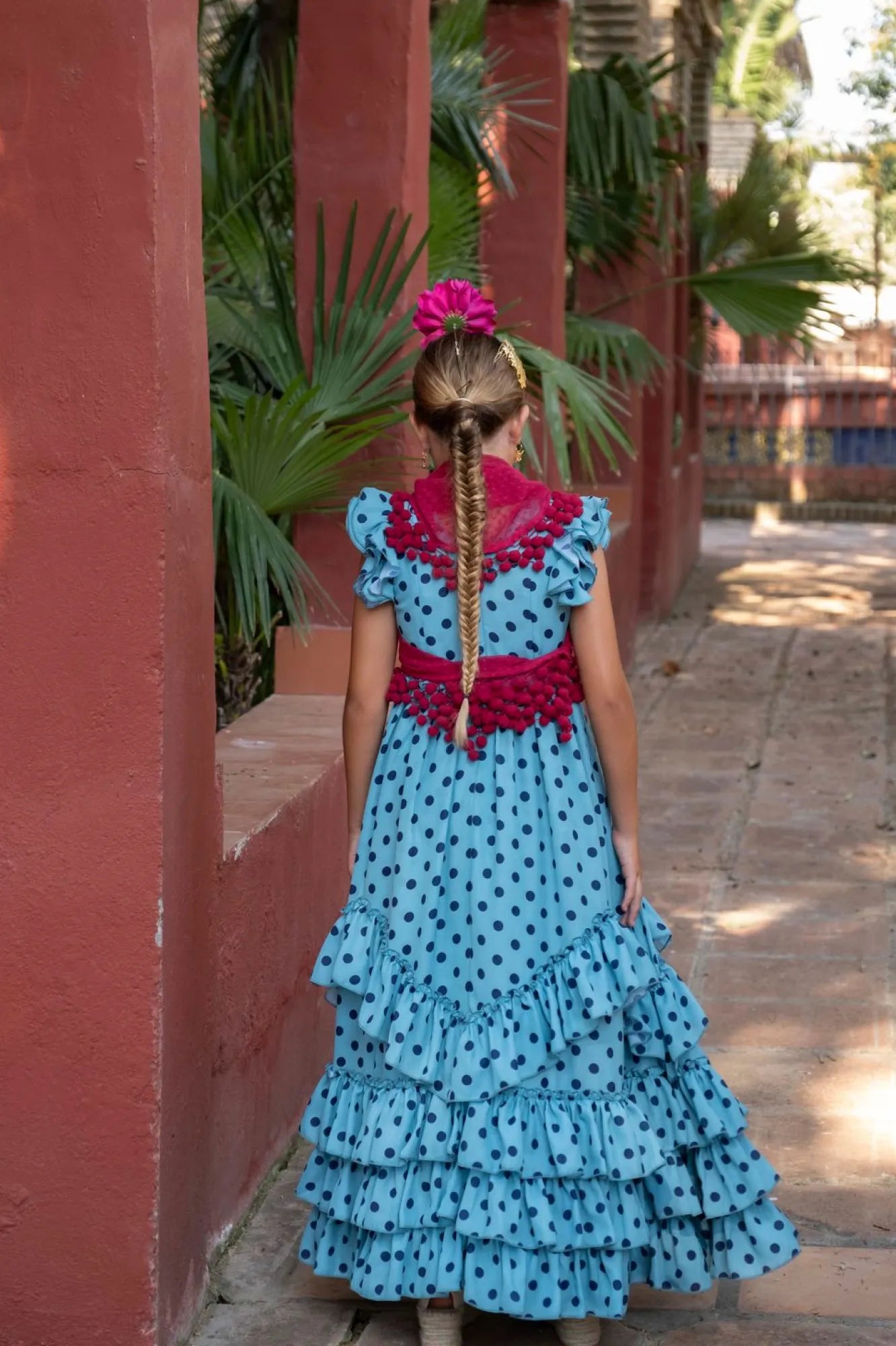 Camino Dress - Light Blue Flamenco Dress with Navy Polka Dots