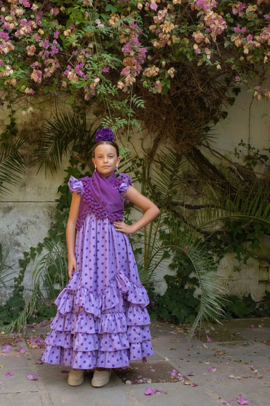Canastera Dress – Purple Flamenco Dress for Girls with Tonal Polka Dots