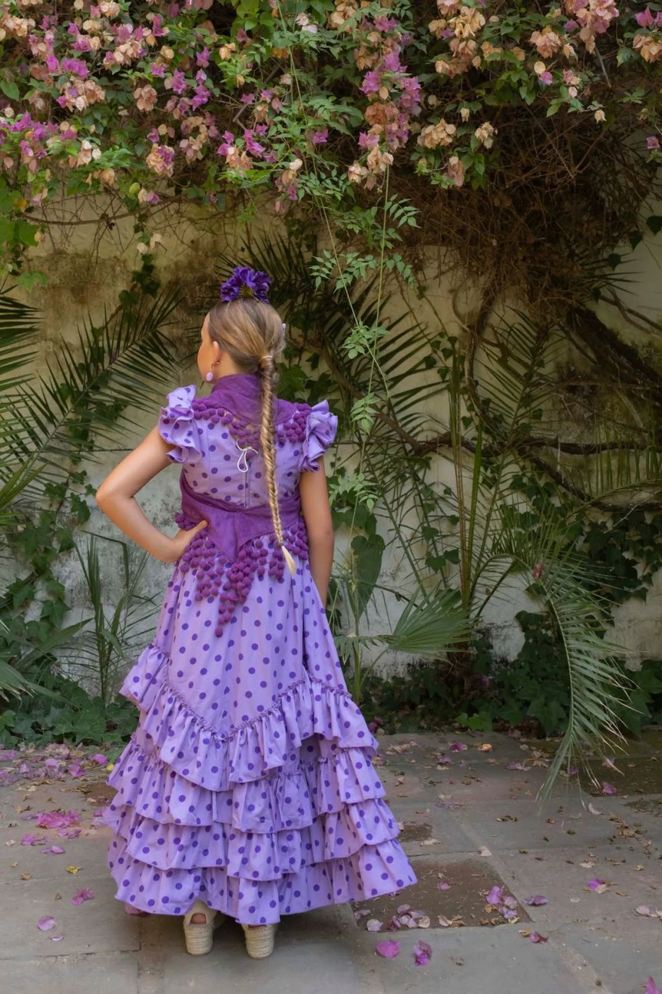 Canastera Dress – Purple Flamenco Dress for Girls with Tonal Polka Dots